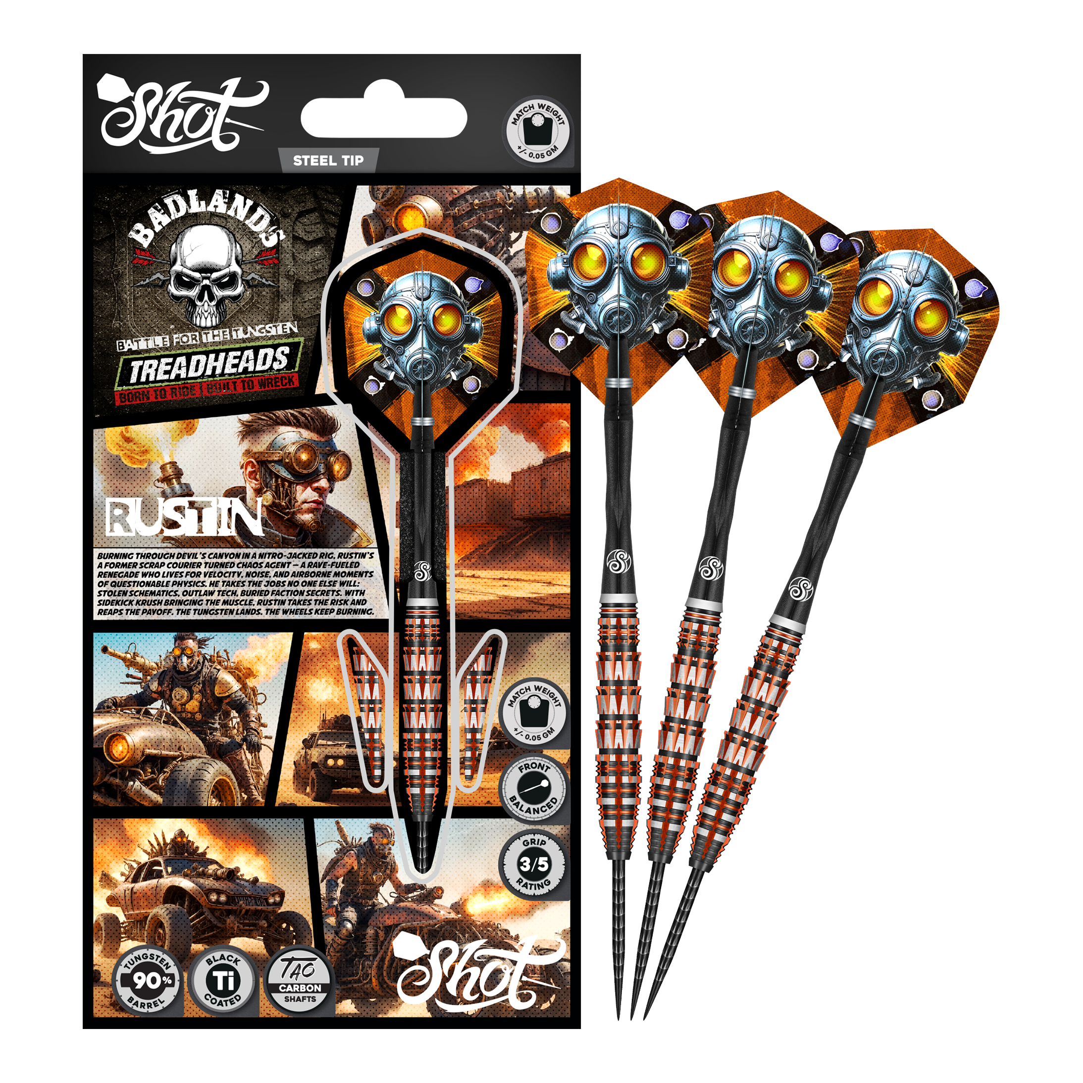 Das Bild präsentiert den Shot Badlands Rustin Steeldarts - 23g. Der komplette Dartpfeil ist abgebildet.