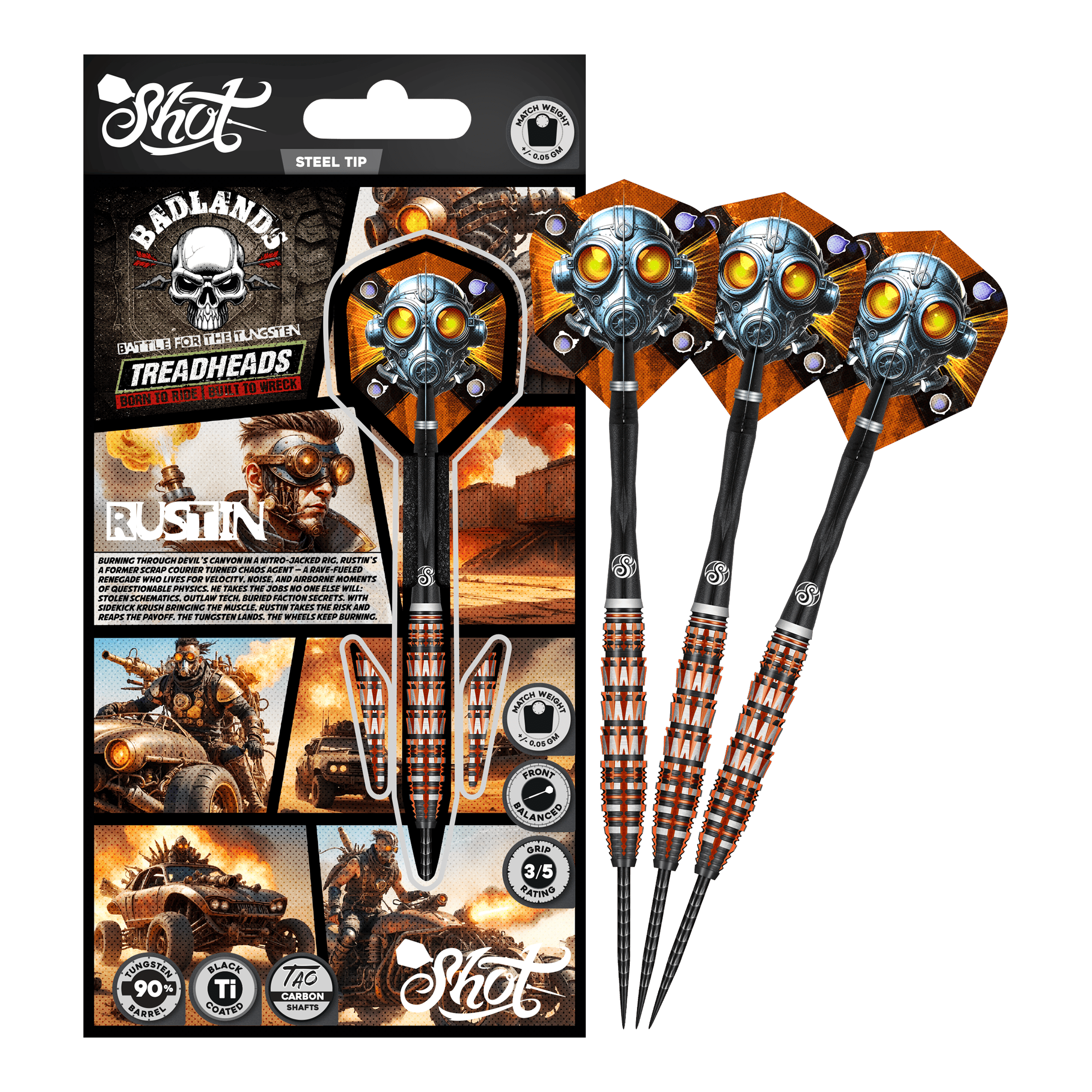 Shot Badlands Rustin Steel Darts - 23g Das Bild präsentiert den Shot Badlands Rustin Steeldarts - 23g. Der komplette Dartpfeil ist abgebildet.