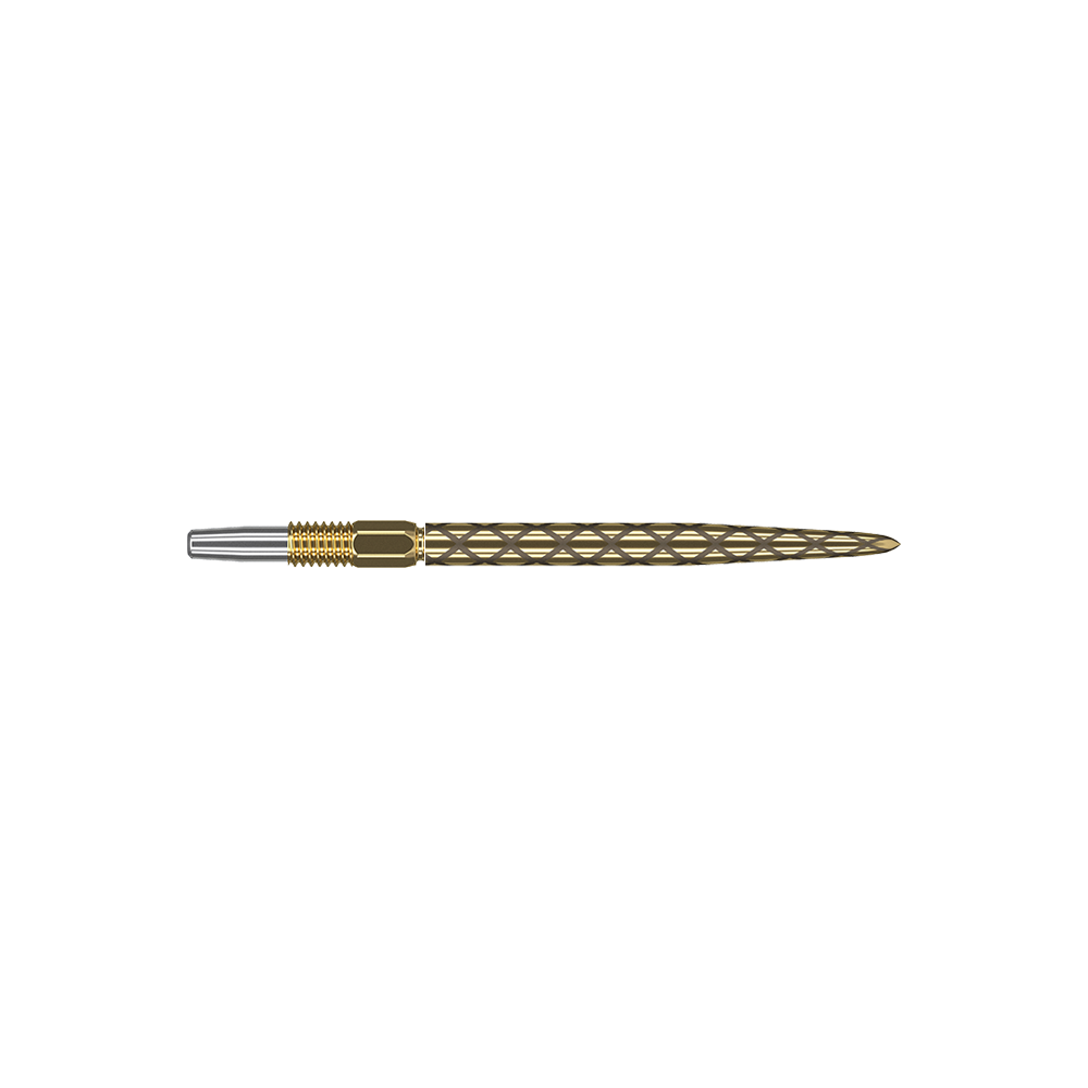 Target Swiss Diamond Pro Gold dart tips Das Bild zeigt eine goldene Dartspitze mit einem filigranen, rautenförmigen Muster. Die Spitze hat einen silbernen Ansatz und ist insgesamt schlank und länglich geformt.
