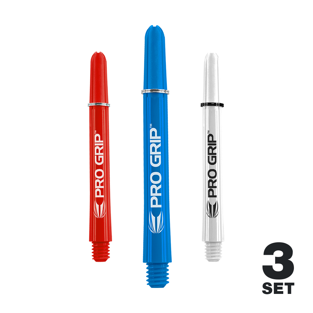 Target Pro Grip Shafts - 3 Sets - Red Blue White Auf dem Bild sind drei Dart-Schäfte in den Farben Rot, Blau und Weiß zu sehen. Sie tragen die Aufschrift "PRO GRIP" und sind als 3er-Set dargestellt.