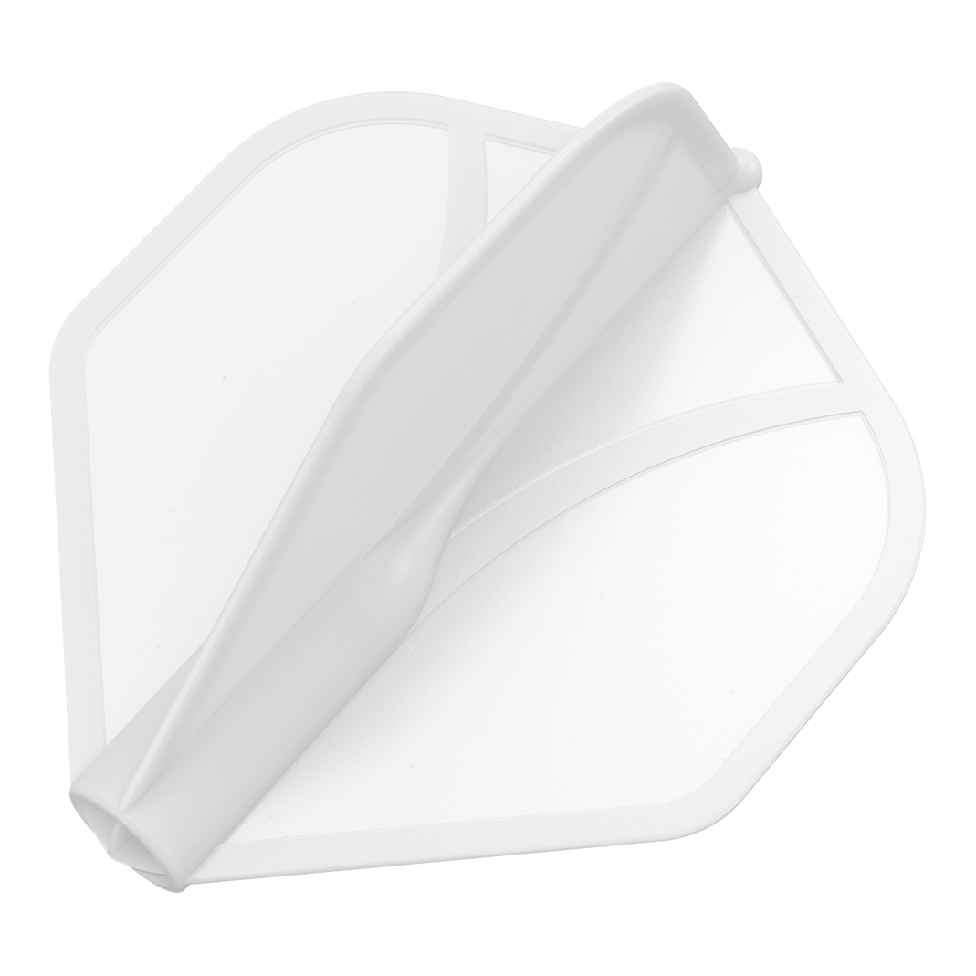 Shot Airfoil Molded No2 Standard Flights Das Bild zeigt eine transparente Dart-Flügel. Er hat eine aerodynamische Form und ist hauptsächlich weiß.