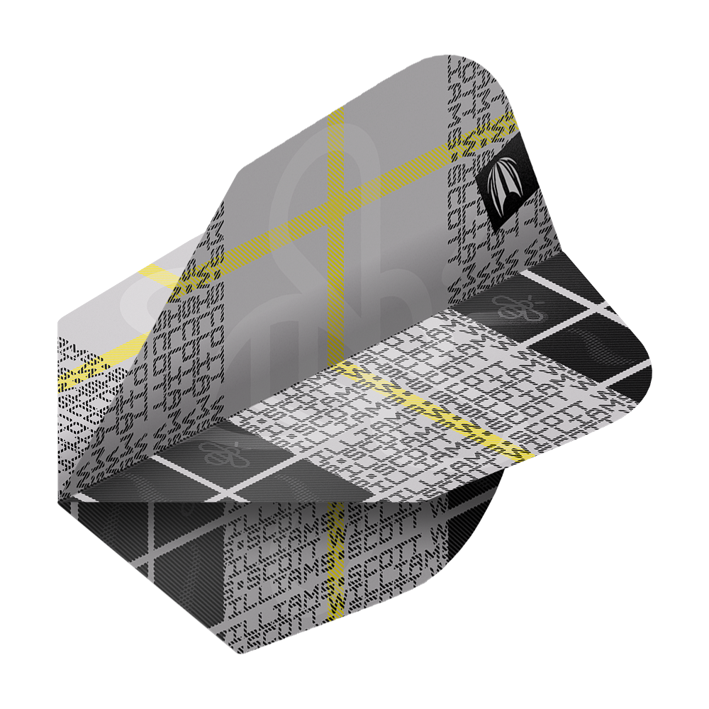 Das Bild zeigt ein Dartflight-Design der Marke Target Pro Ultra Scott Williams GEN2 No6. Die Flight ist überwiegend grau mit schwarzen und weißen Mustern sowie gelben Linien.