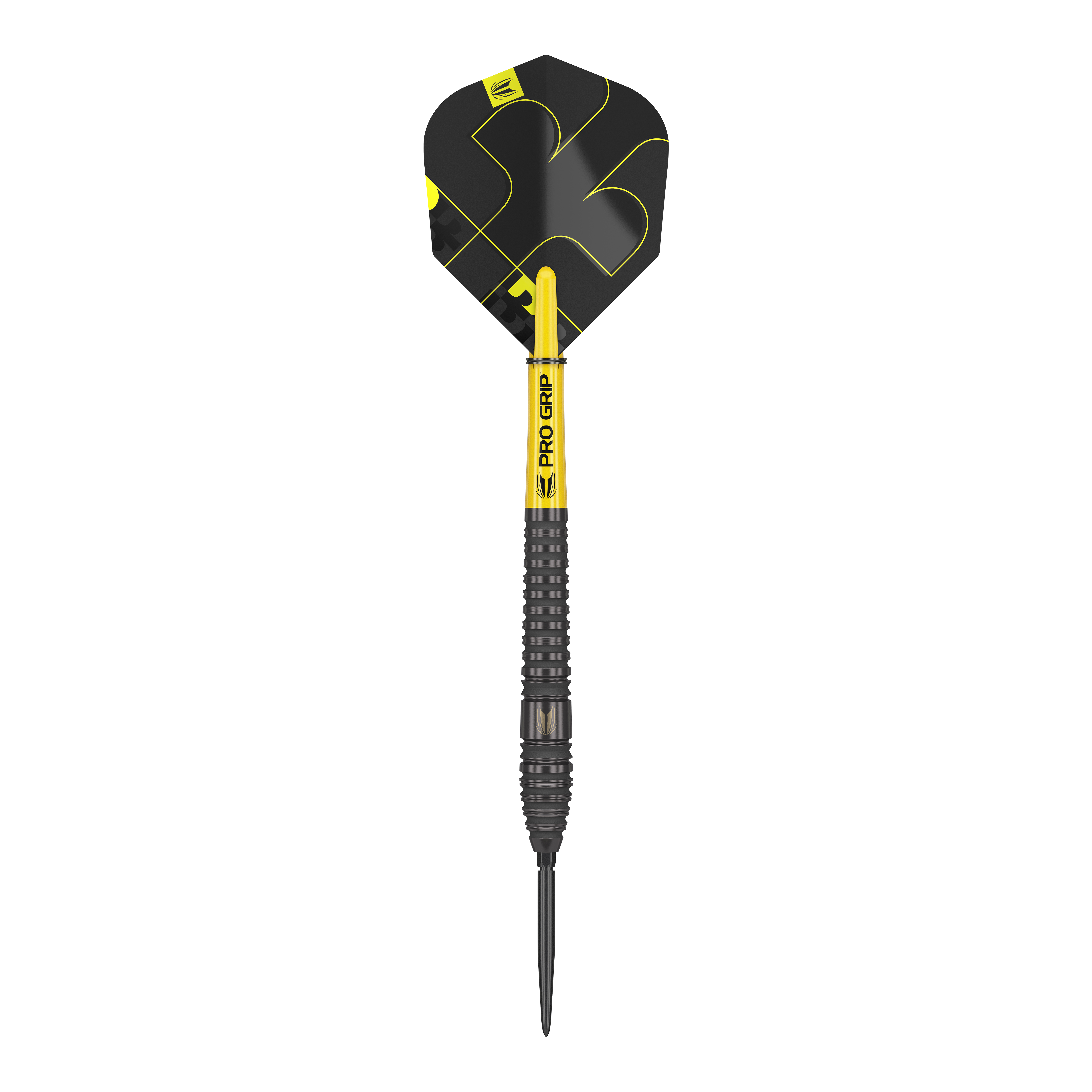 Target Bolide Void 03 Swiss Point steel darts Auf dem Bild ist ein Target Bolide Void 03 Swiss Point Steeldart zu sehen. Der Dart ist schwarz mit gelben Akzenten und hat eine strukturierte Griffzone.