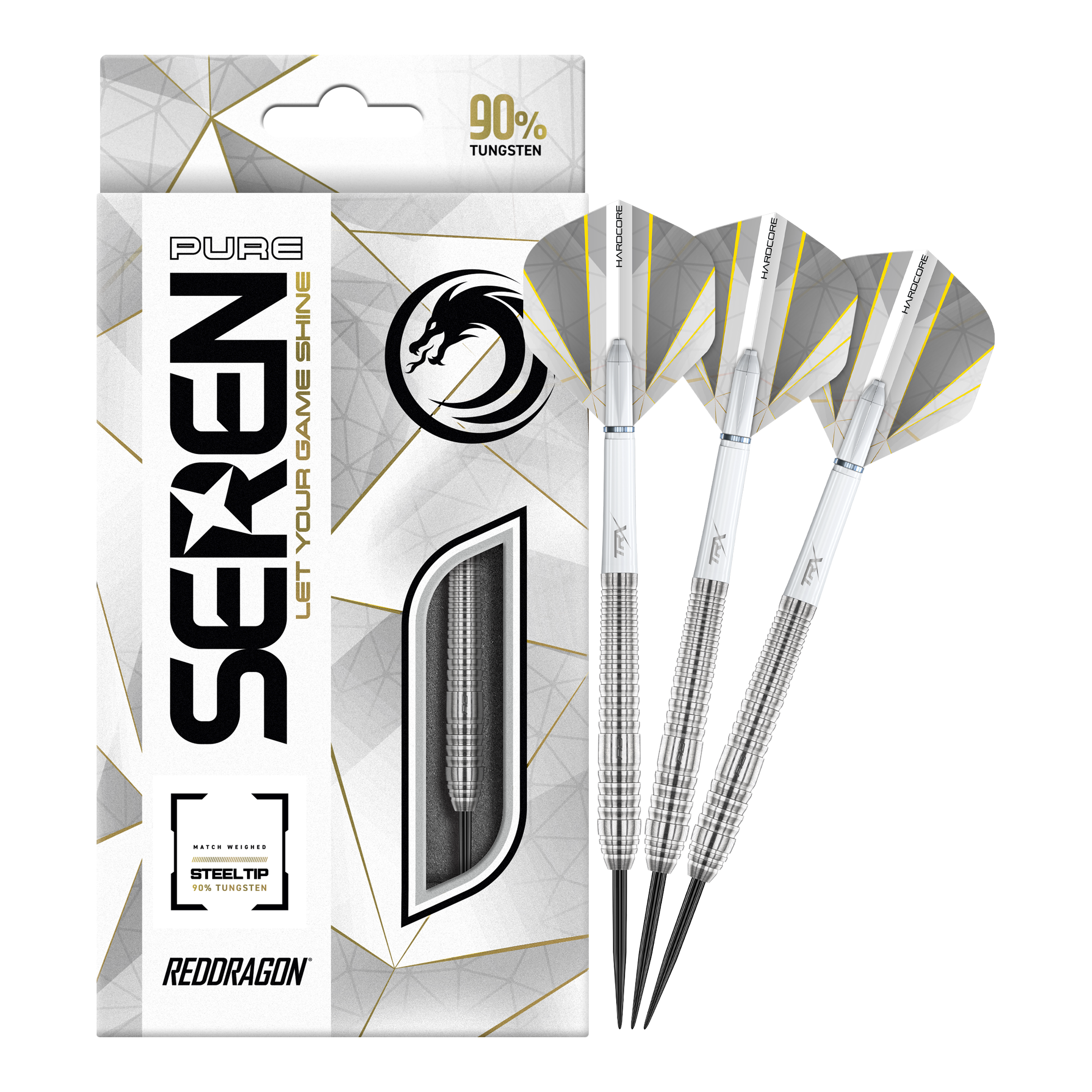 Red Dragon Seren 2 Pure Steeldarts Das Bild zeigt das Produkt "Red Dragon Seren 2 Pure Steeldarts" mit einer eleganten Verpackung. Neben der Packung sind drei silberne Steeldarts abgebildet.