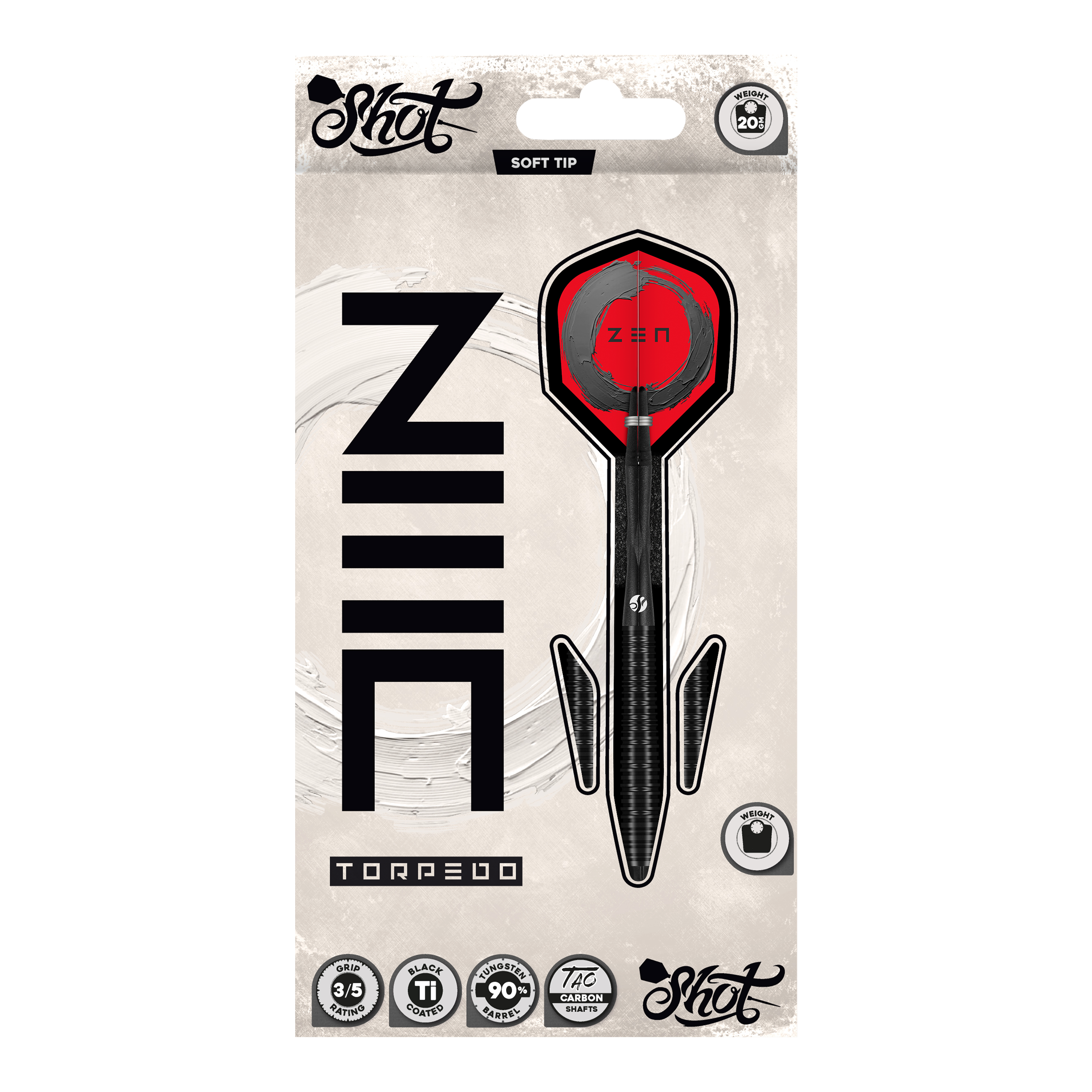 Shot ZEN Torpedo Soft Darts - 20g Hier sieht man die Shot ZEN Torpedo Softdarts - 20g aus einer anderen Perspektive. Die Details des Dartpfeils sind deutlich erkennbar.