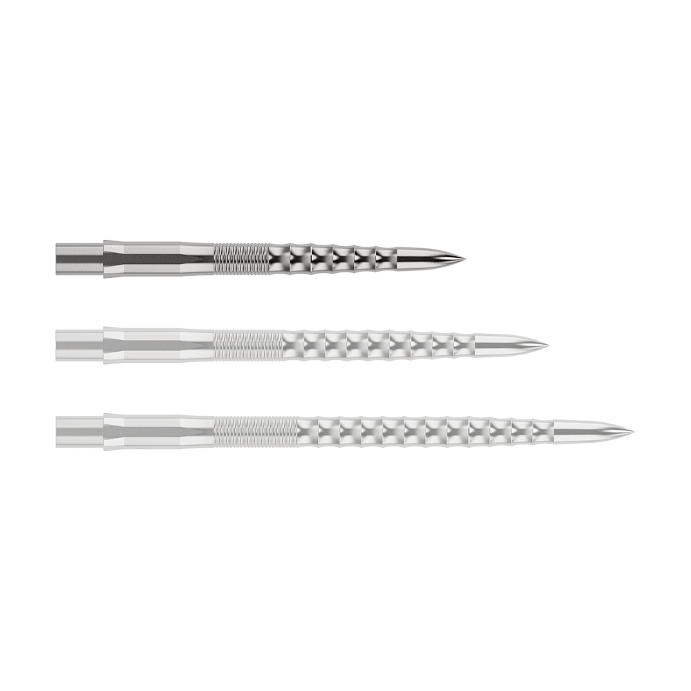 Mission Caliburn EVO dart tips - Ripple - Silver Das Bild zeigt drei silberne Steeldartspitzen, die nebeneinander liegen. Sie haben eine geriffelte Struktur und laufen vorne spitz zu.