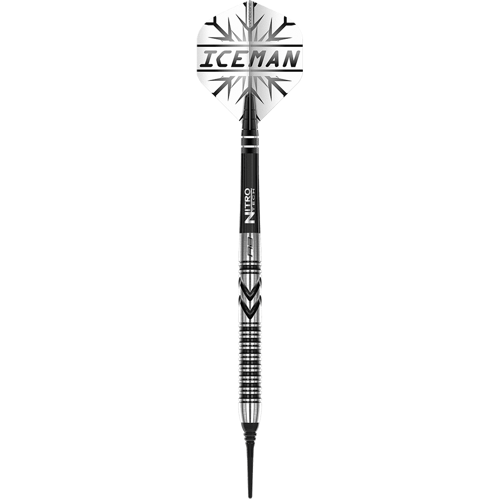 RD2471_Red_Dragon_Gerwyn_Price_Thunderbolt_Softdarts_1G5iaEOD4p8eDn Das Bild zeigt einen Red Dragon Gerwyn Price Thunderbolt Softdart mit 20 Gramm Gewicht. Auf dem Dart steht "ICEMAN" und er hat ein silber-schwarzes Design.