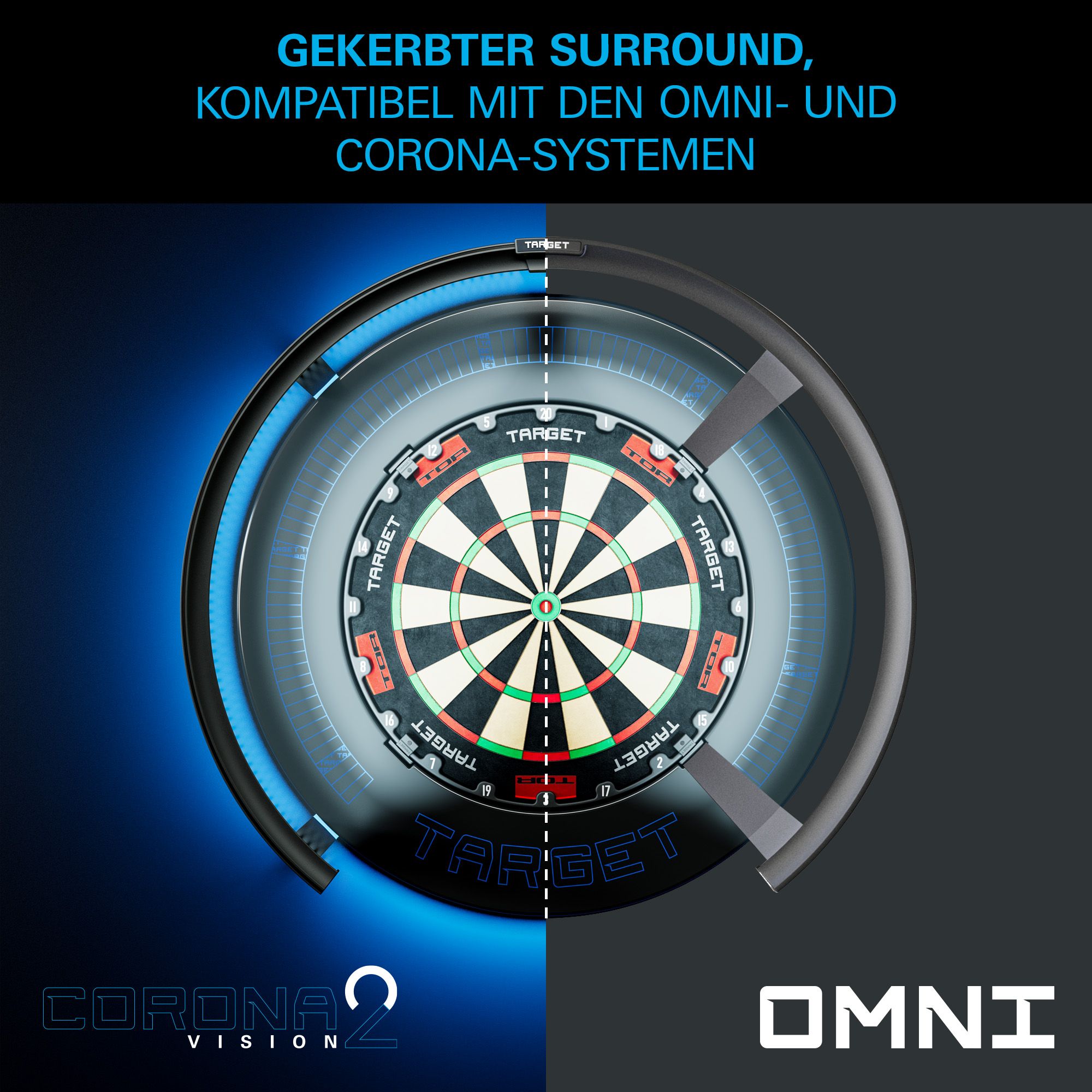 Target Corona Vision Notched Dartboard Surround with Lighting Abgebildet ist das Target Corona Vision Notched Dartboard Surround mit Beleuchtung. Das Surround ist komplett zu sehen.