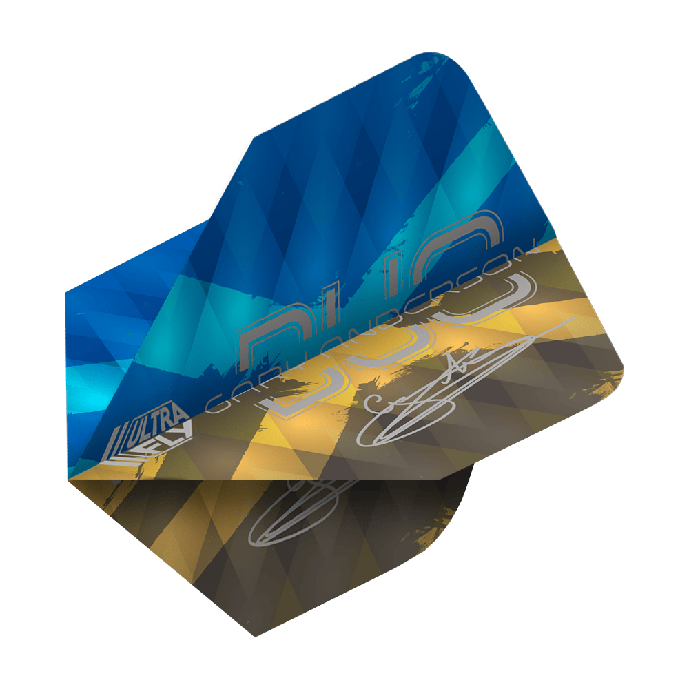 Unicorn Ultrafly 100 Gary Anderson Duo Plus Flights Das Bild zeigt ein Dartflight mit einem modernen Rautenmuster in Blau-, Gelb- und Brauntönen. Auf dem Flight stehen die Wörter "Gary Anderson Duo Plus" sowie eine Unterschrift.