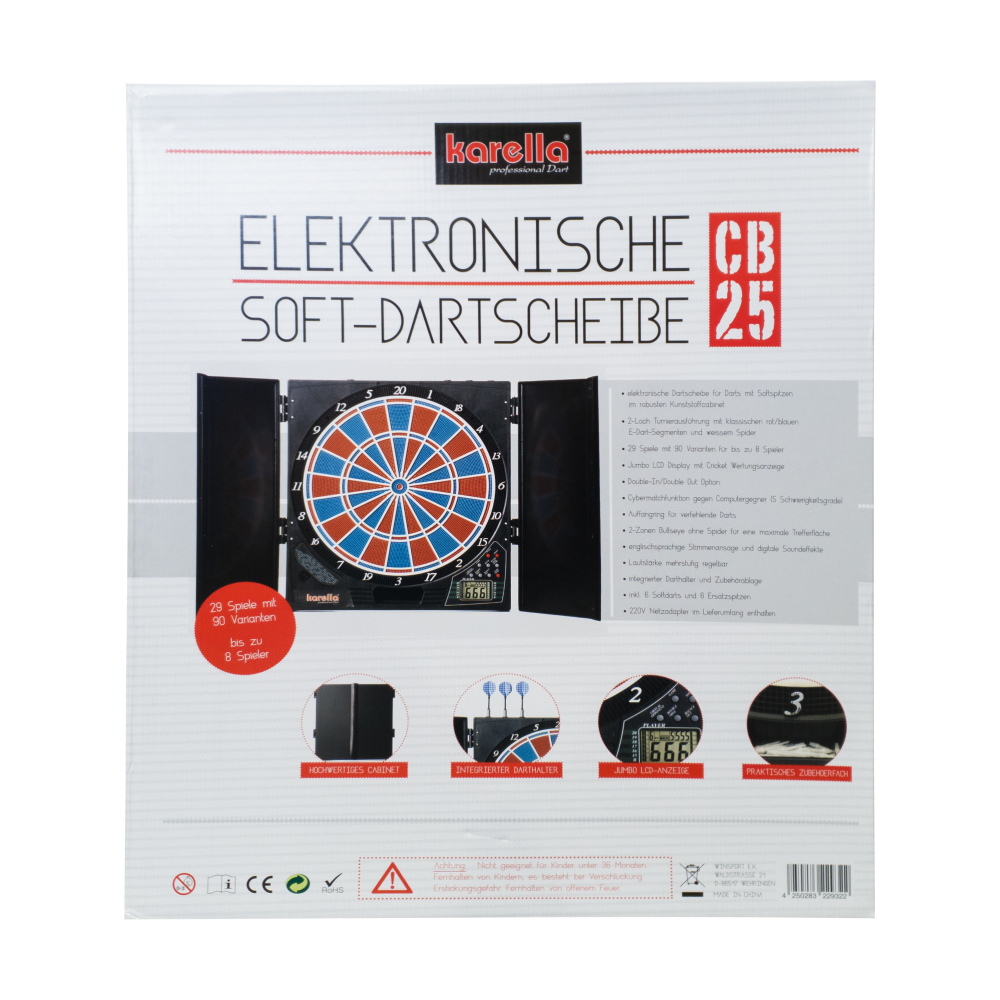 Electronic dartboard CB 25 tournament version Die Abbildung zeigt die Verpackung der elektronischen Soft-Dartscheibe CB 25 von Karella. Auf der Vorderseite sind Produktmerkmale und Bilder der Dartscheibe mit Zubehör abgebildet.