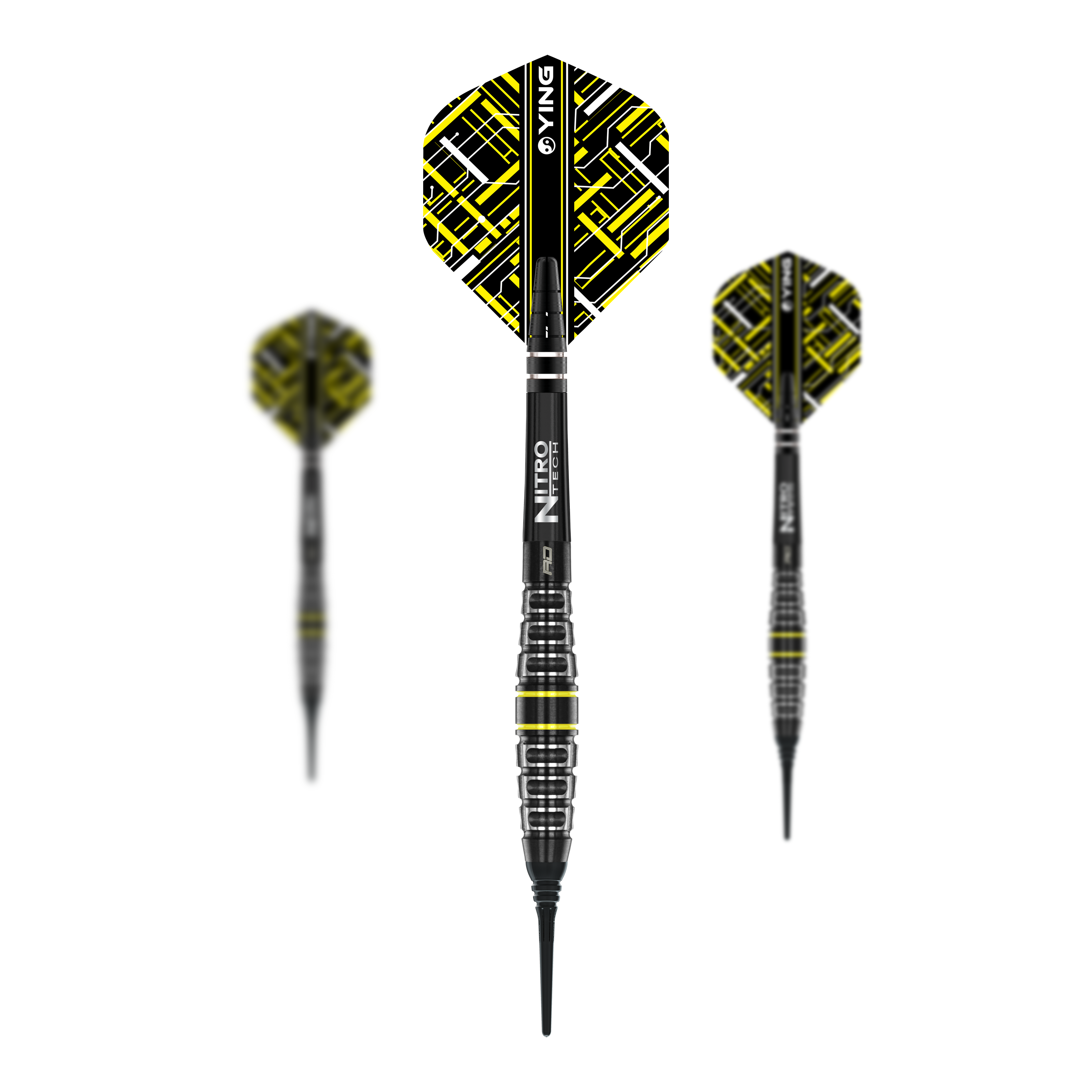 Red Dragon Astraeus Q4X Torpedo Soft Darts - 20g Das Bild zeigt drei Softdarts des Modells "Red Dragon Astraeus Q4X Torpedo - 20g". Die Darts haben schwarze Schäfte mit gelben und weißen Akzenten und ein auffälliges Flight-Design.