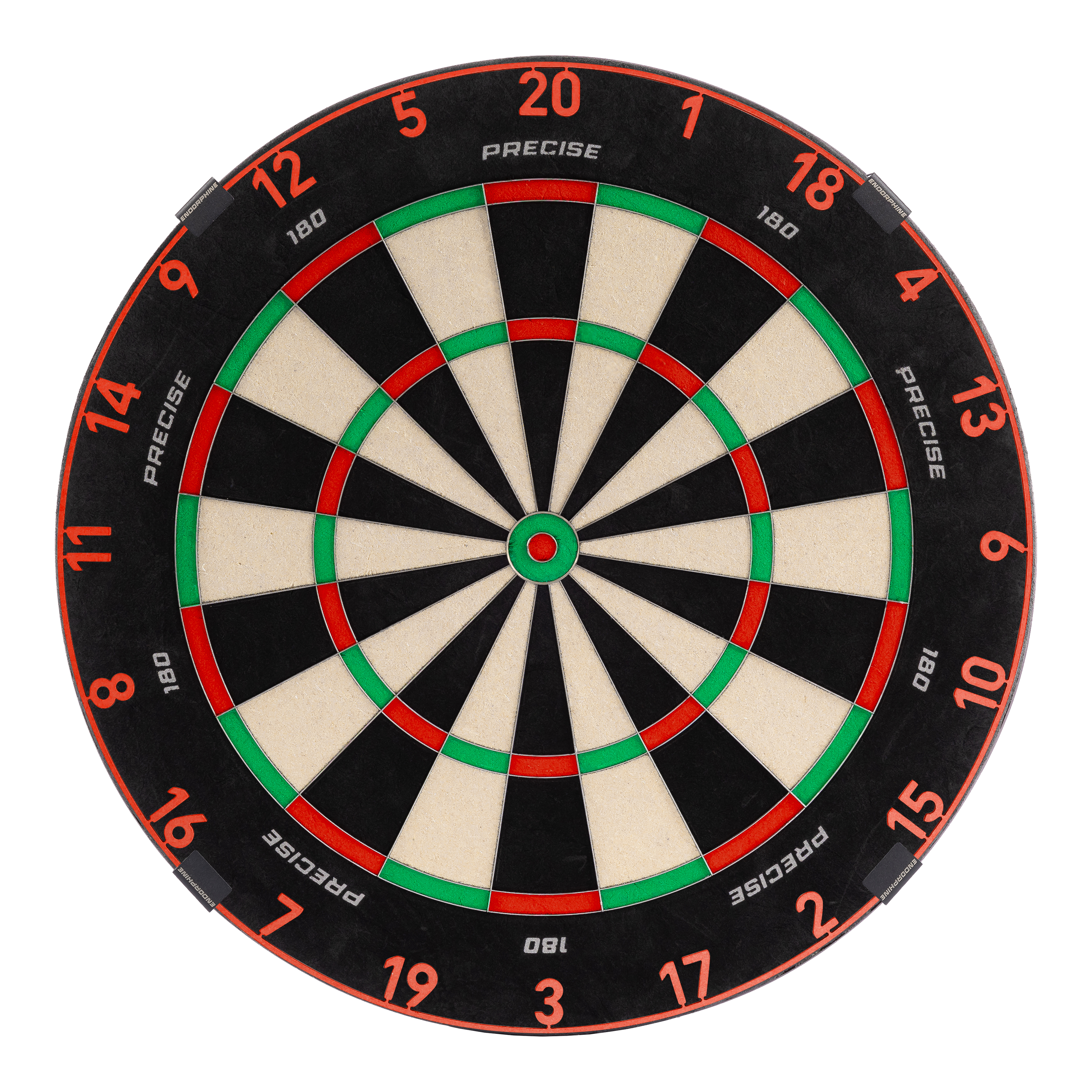 Zu sehen ist das Precise 180 Endorphine Steeldartboard mit Nummernring in Inferno Red. Es bietet eine professionelle Spielfläche für Darts.