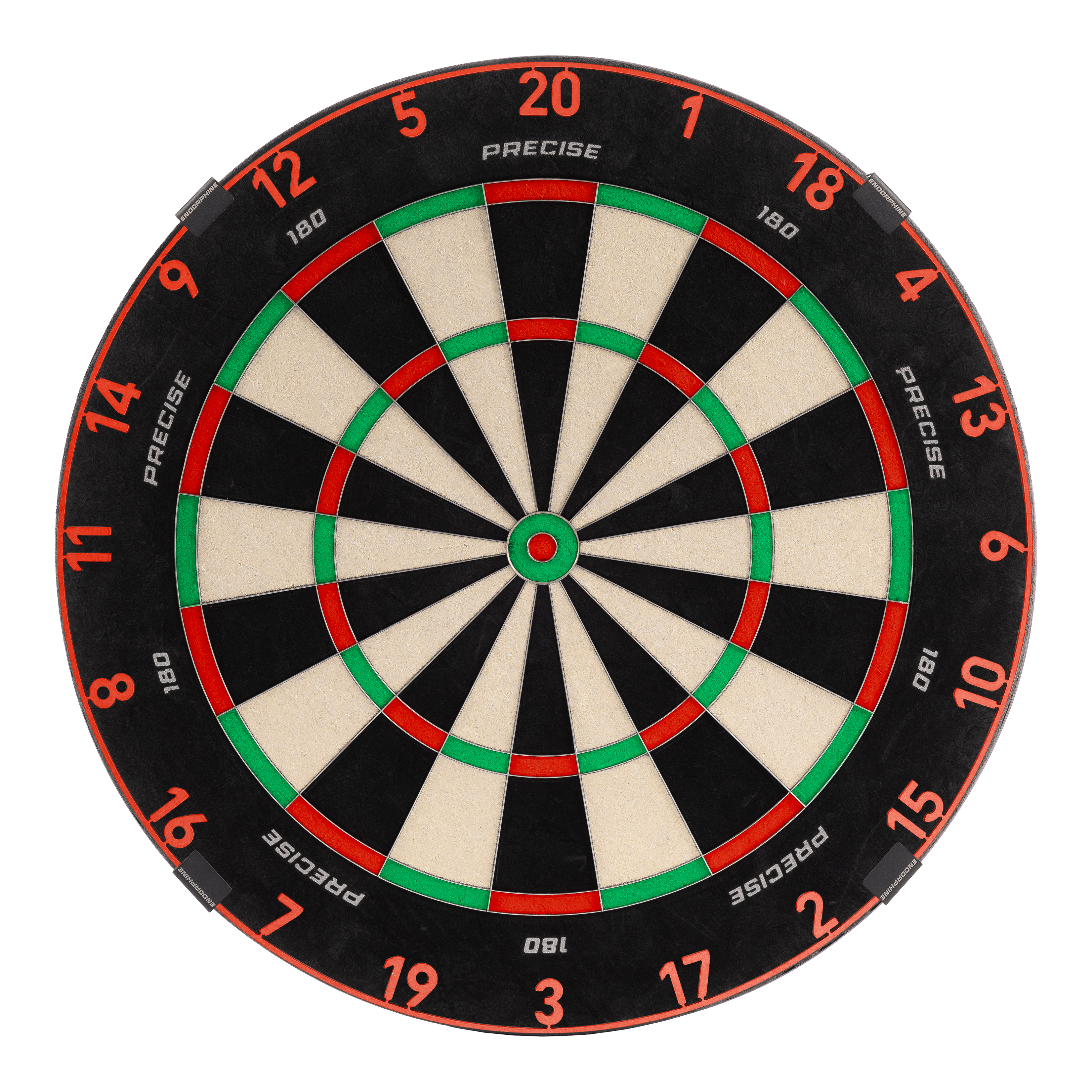 Precise 180 Endorphine steel dartboard with number ring - Inferno Red Zu sehen ist das Precise 180 Endorphine Steeldartboard mit Nummernring in Inferno Red. Es bietet eine professionelle Spielfläche für Darts.