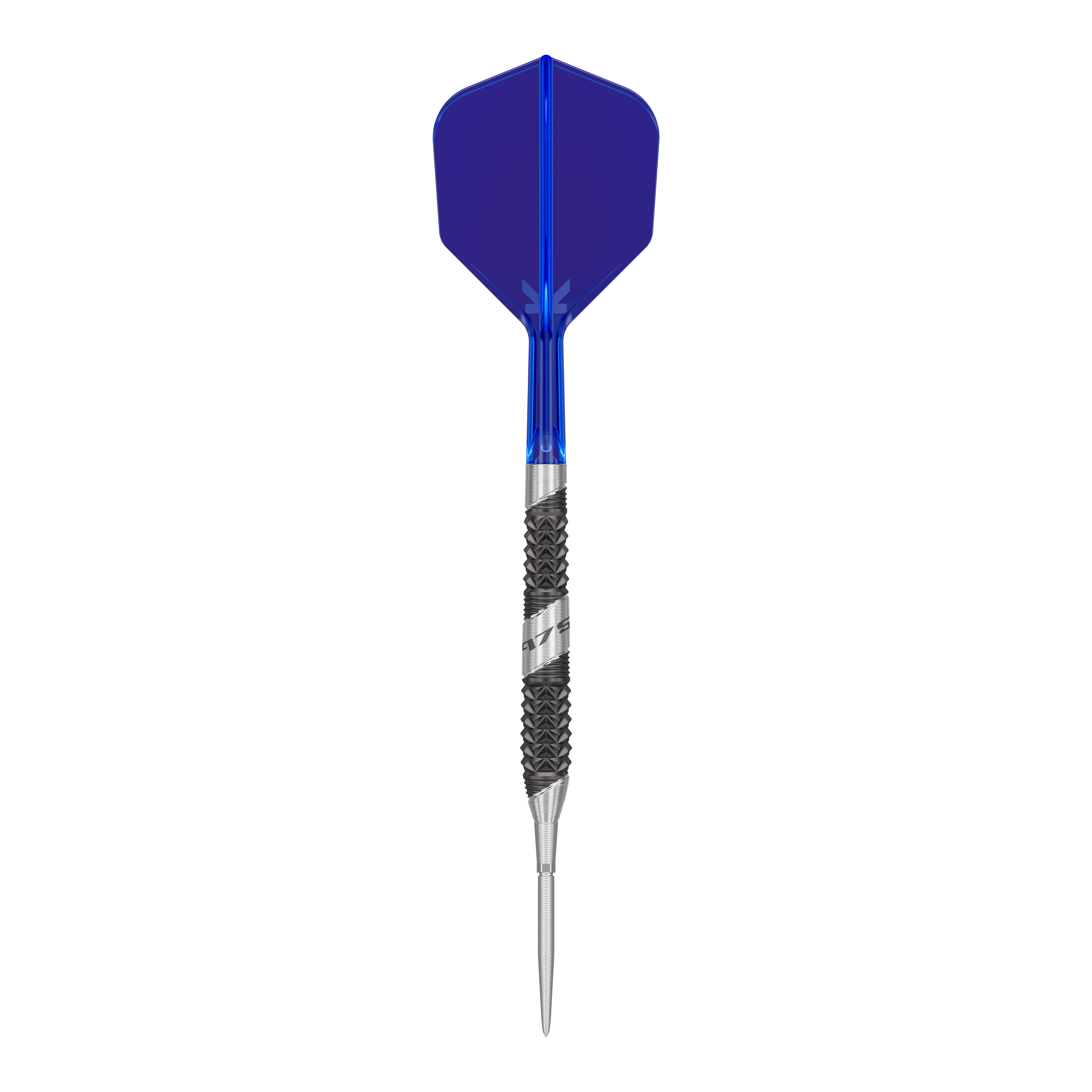 Target 975 Ultra Marine 02 Swiss Point Steel Darts Das Bild zeigt einen Pfeil mit einer blauen Flights und einer silber-schwarzen Metallspitze. Der Pfeil hat ein modernes und sportliches Design.