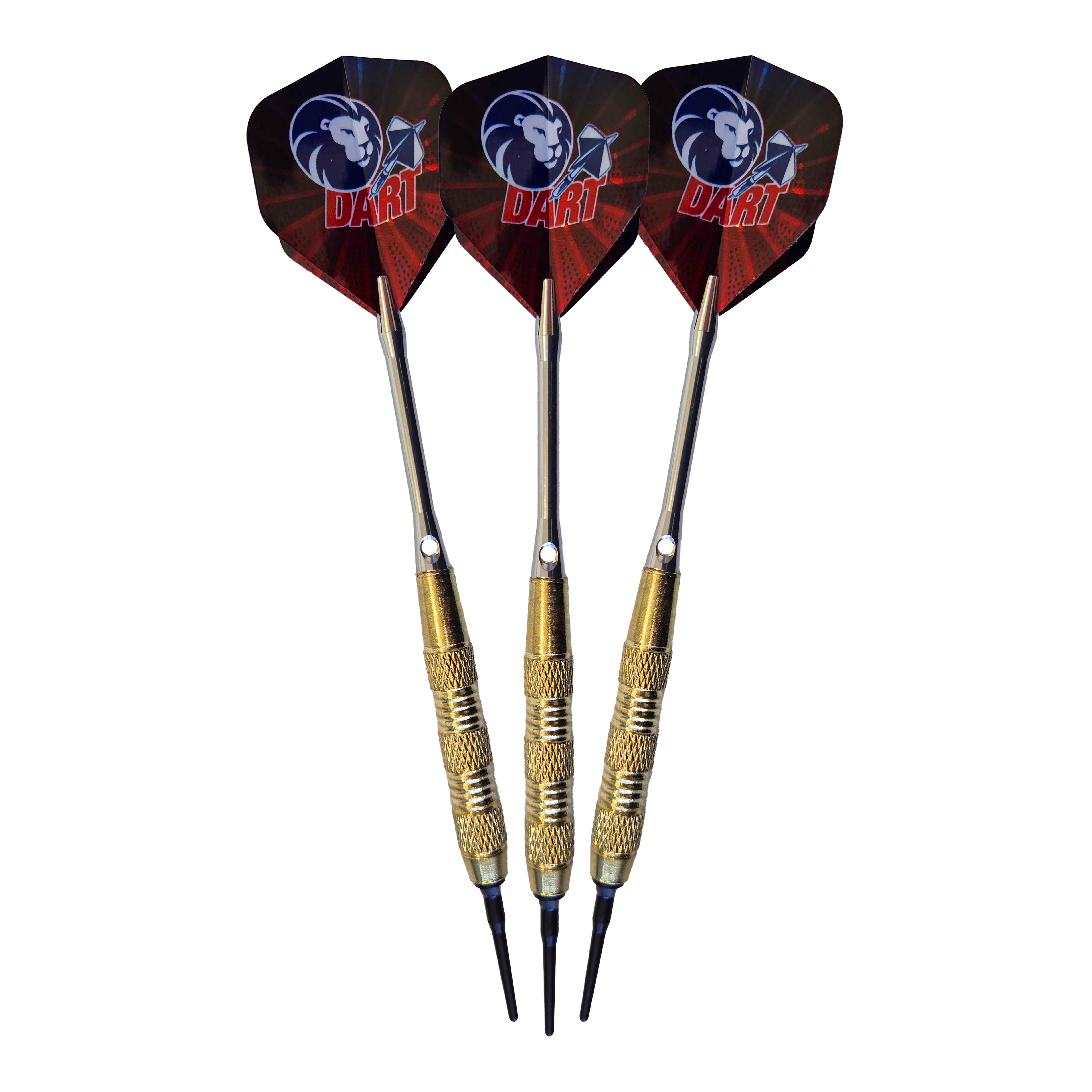 Das Bild zeigt drei 99 Löwen Soft-Tip Darts mit einem Gewicht von 18g. Die Flights sind schwarz-rot und mit einem Löwenkopf-Motiv sowie dem Schriftzug "DART" bedruckt.