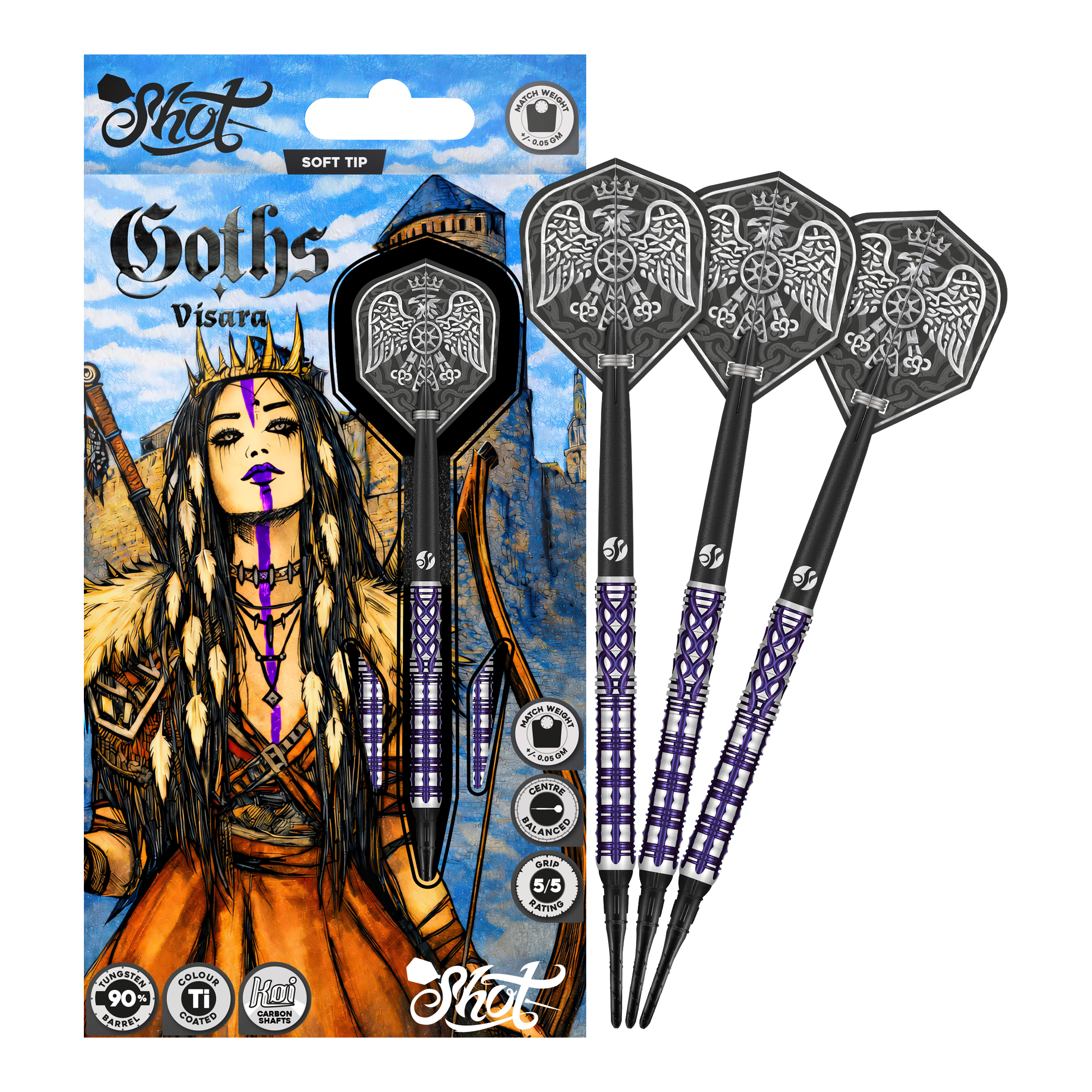 Shot Goths Visara Soft Darts - 20g Das Bild zeigt die Shot Goths Visara Softdarts - 20g. Diese Softdarts sind leicht und hochwertig verarbeitet.