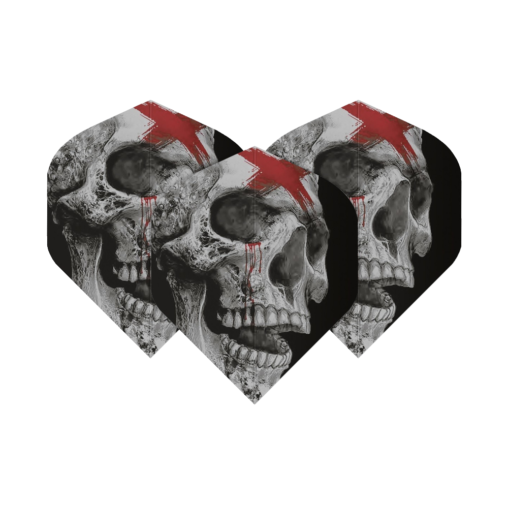 ALC20_Alchemy_Bring_Out_Your_Dead_Standard_Flights_10psixUi5yHPjx Das Bild zeigt drei Dartflights mit Totenkopf-Design. Jeder Totenkopf hat einen roten Strich und Blutflecken auf der Stirn.