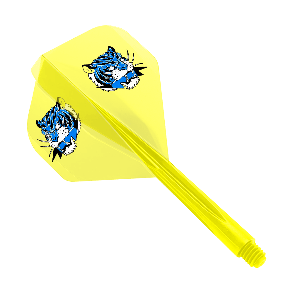 Condor AX Inazuma Tiger Mix Flight System Yellow Clear - Small Das Bild zeigt einen gelben Dartflight mit einem blauen Tigerkopf-Motiv. Der Schaft ist transparent gelb und im kleinen Format gehalten.