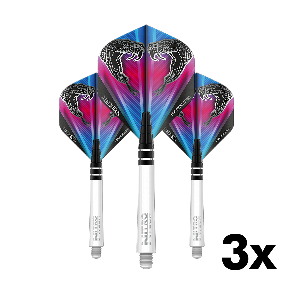 X0515_RedDragon_Peter_Wright_Flight_Shaft_Combo_V1_1 Das Bild zeigt drei Dartflights mit weißen Schäften aus dem Red Dragon Peter Wright Flight Shaft Combo Pack V1. Die Flights haben ein buntes Design mit einem Schlangenkopf-Motiv.