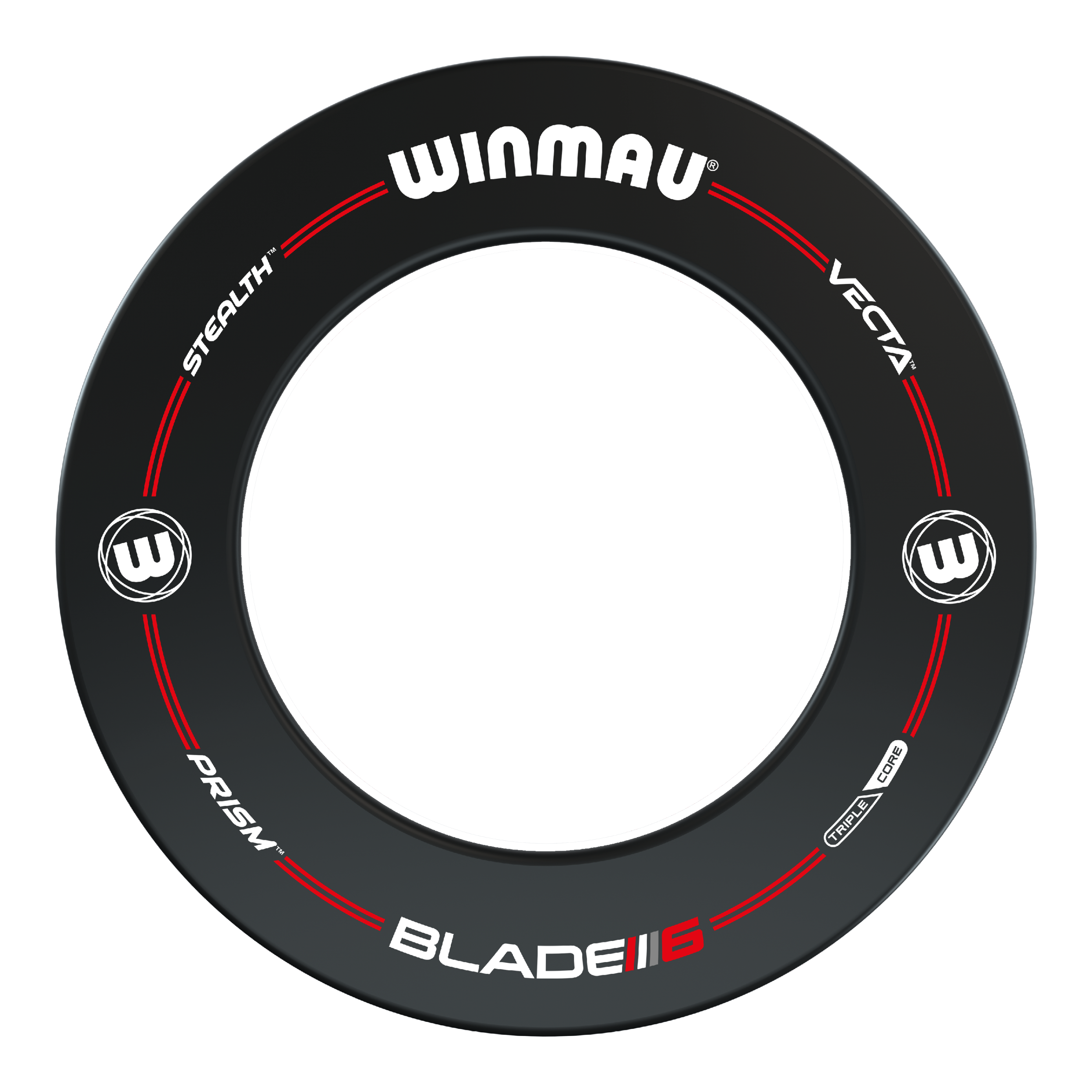 Winmau Pro-Line Blade 6 Dartboard Surround Das Bild zeigt das Produkt "Winmau Pro-Line Blade 6 Dartboard Surround". Es ist ein schwarzer Dartboard-Ring mit weißen und roten Akzenten sowie verschiedenen Markenlogos.