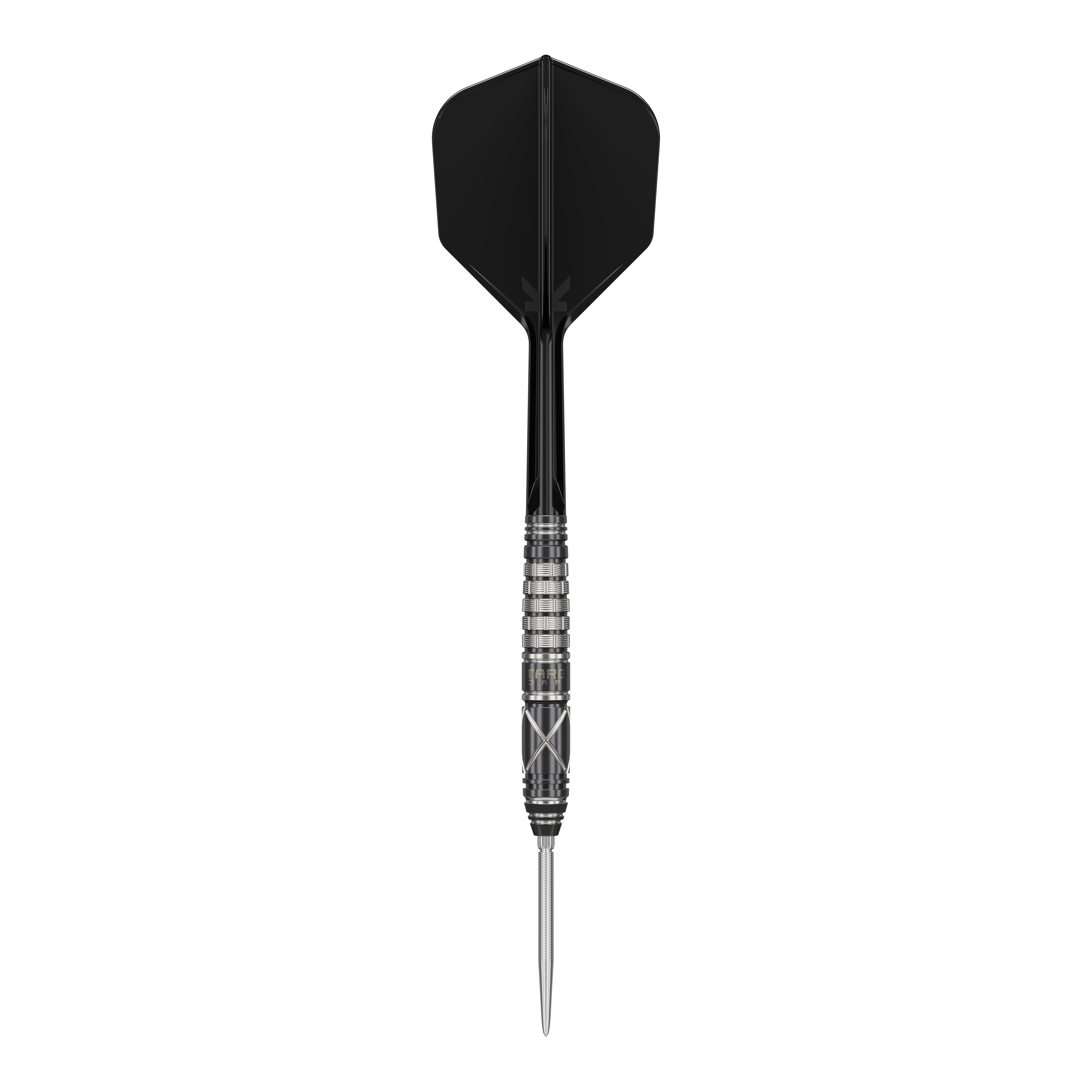 Target Japan Black Marque Chaos 2 SP steel darts Das Bild zeigt einen stilvollen Steeldartpfeil mit schwarzer Flight und silber-schwarzem Barrel. Es handelt sich um das Produkt "Target Japan Black Marque Chaos 2 SP Steeldarts".