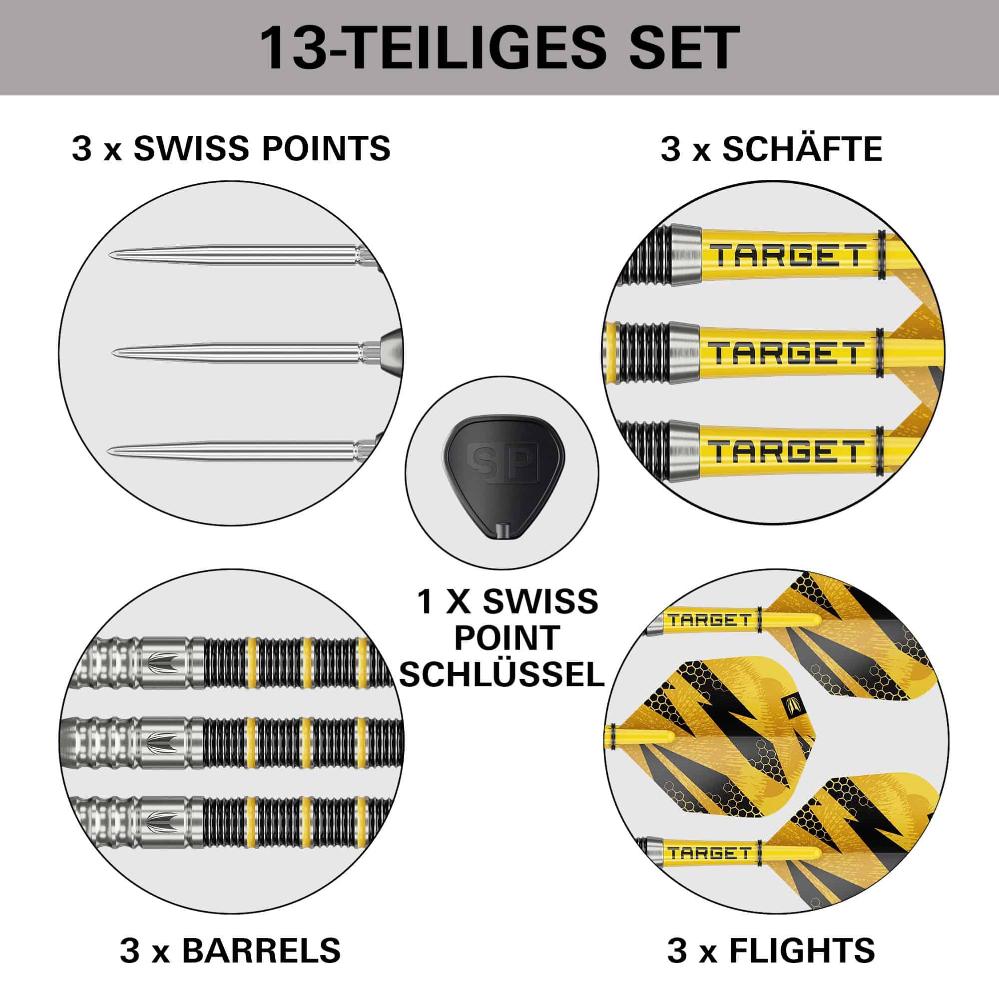 Das Bild zeigt die Target Buzz 02 Swiss Points Steeldarts. Die Steeldarts werden aus einer anderen Perspektive vorgestellt.