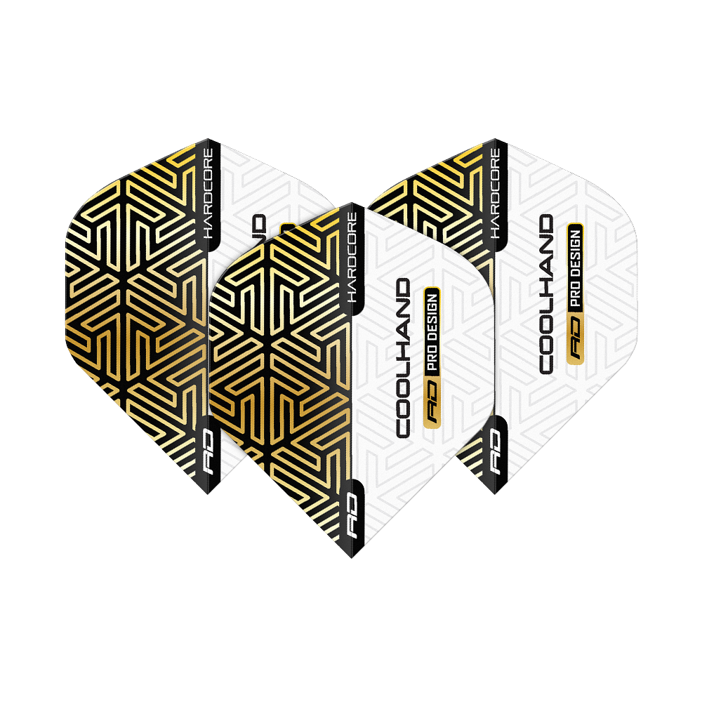 Red Dragon Hardcore Luke Humphries Gold White Premium Standard Flights Das Bild zeigt die "Red Dragon Hardcore Luke Humphries Gold White Premium Standard Flights". Die Flights sind weiß mit gold-schwarzem geometrischem Muster und schwarzem Schriftzug.