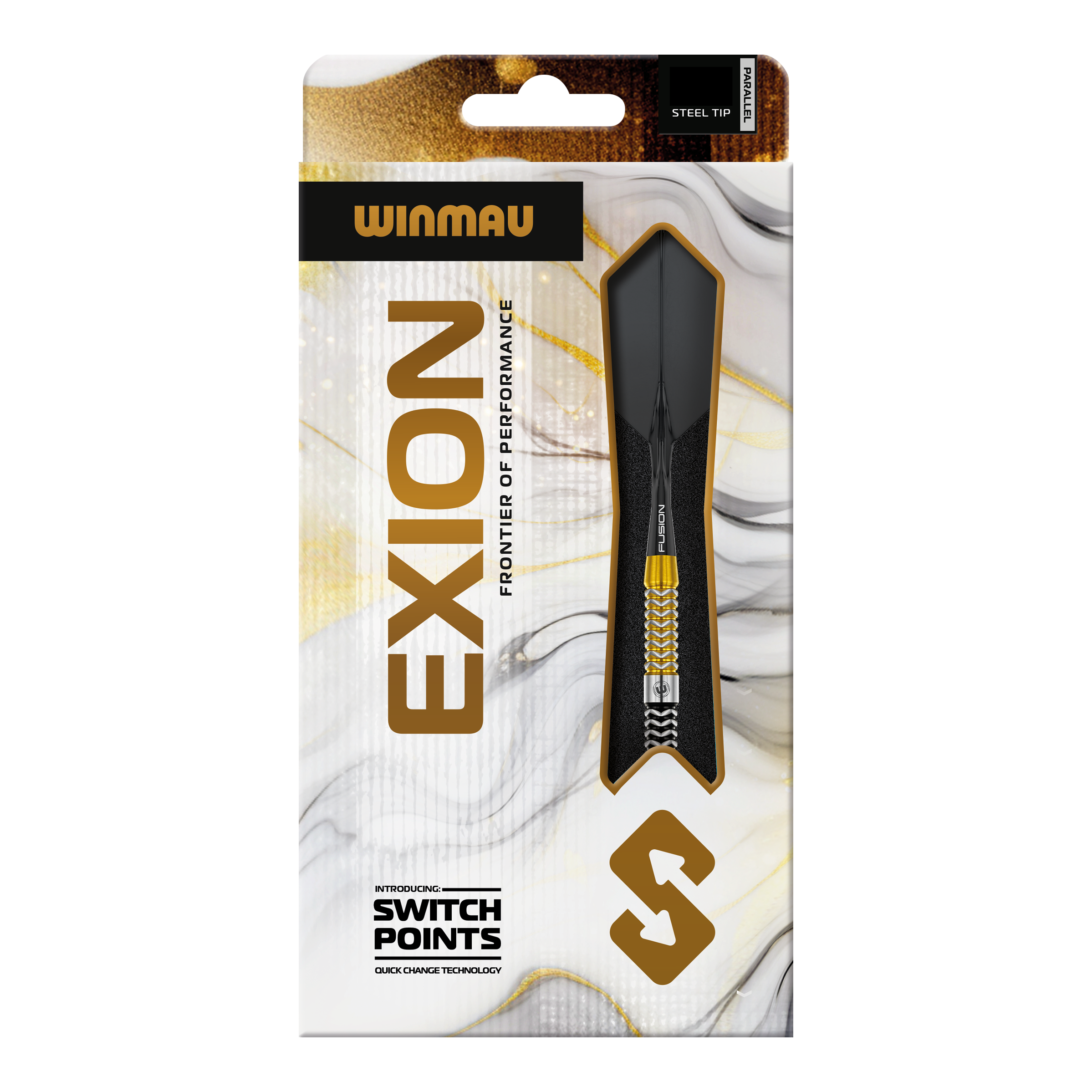 Das Bild zeigt die Winmau Exion Parallel Switch Point Steeldarts nochmals mit unterschiedlichen Details. Diese Darts überzeugen durch ihre hohe Qualität.