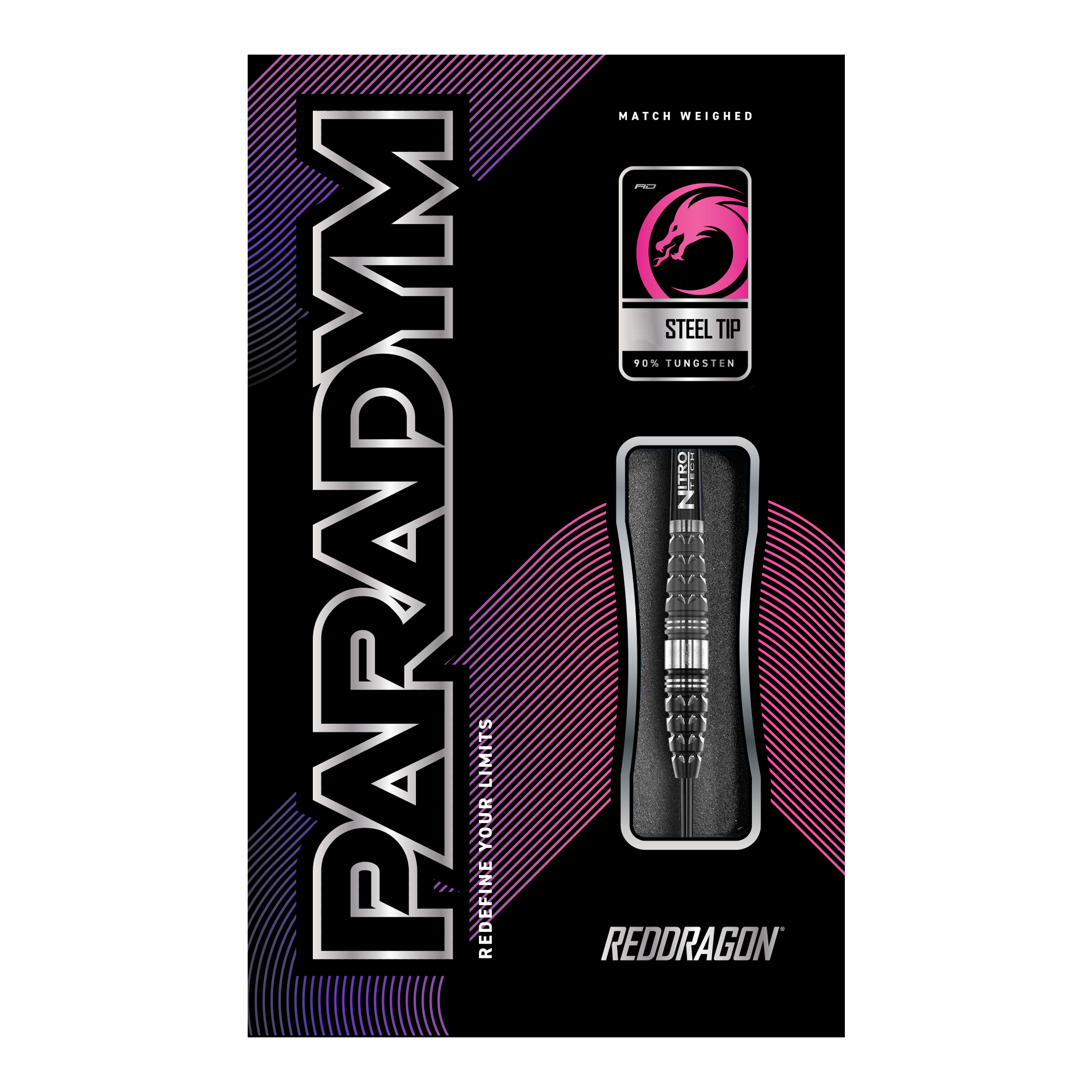 Red Dragon Paradym Torpedo Steel Darts Das Bild zeigt die Verpackung der "Red Dragon Paradym Torpedo Steeldarts". Das Design ist modern mit auffälligen Farben und hebt die Stahlspitze sowie den hohen Wolframanteil hervor.