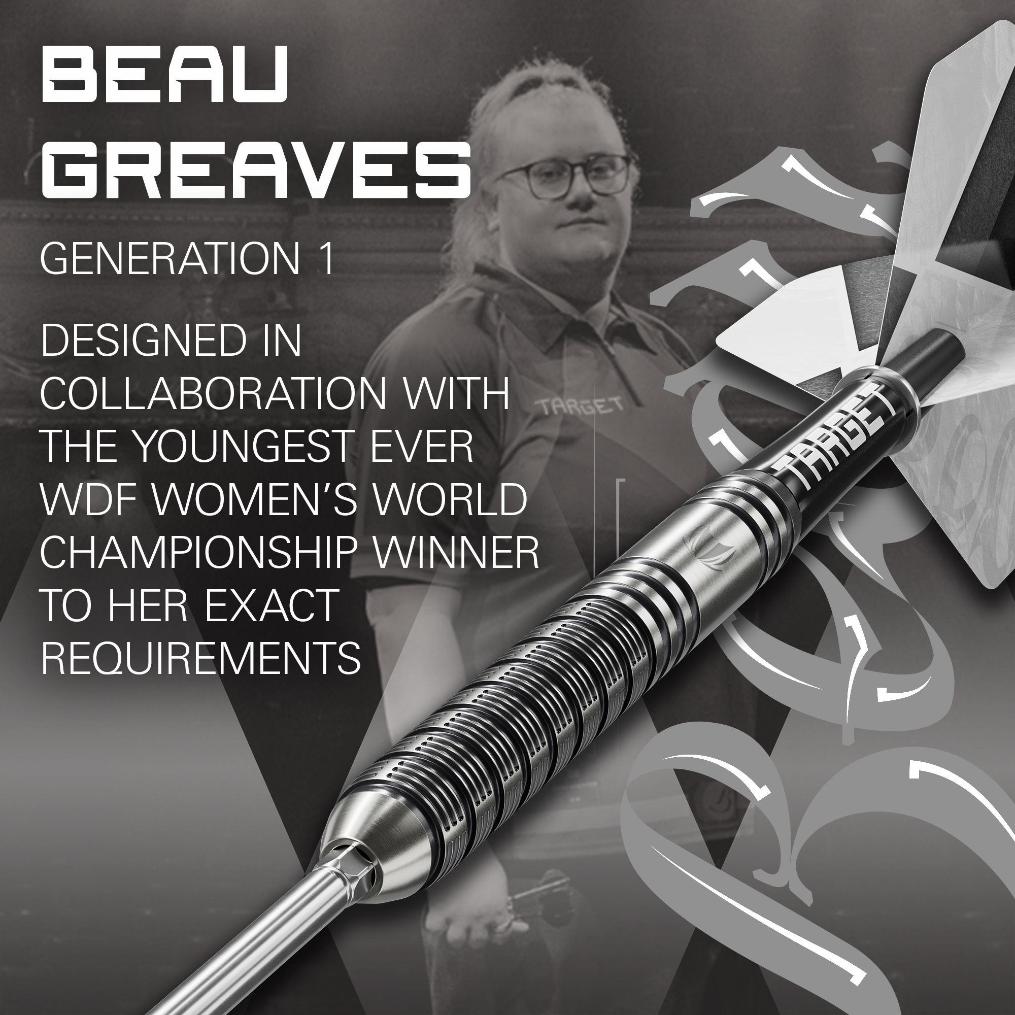 Target Beau Greaves GEN1 Swiss Point Steel Darts Dieses Foto zeigt die Target Beau Greaves GEN1 Swiss Point Steeldarts von der Seite. Die Details der Barrelstruktur sind klar erkennbar.