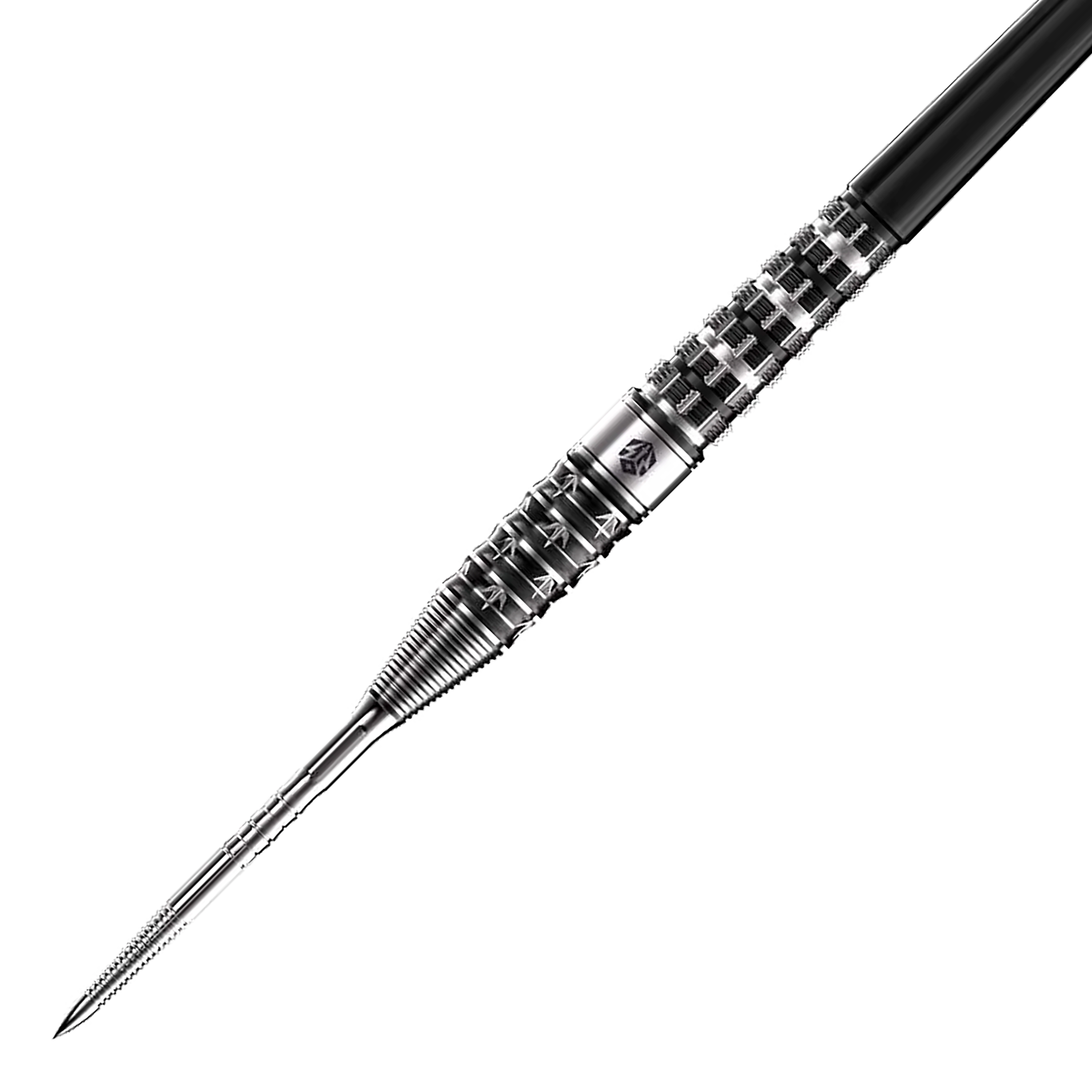 Das Bild zeigt den Caliburn Player The Pandaman Advanced Steeldarts mit einem Gewicht von 23g. Der Dartpfeil hat ein silbernes, strukturiertes Metall-Design und eine scharfe Spitze.