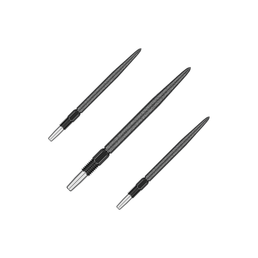 Target Swiss Point SLK dart tips - Black Das Bild zeigt drei schwarze Dartspitzen, die nebeneinander angeordnet sind. Die Spitzen sind schlank und haben eine gerillte Oberfläche am unteren Ende.