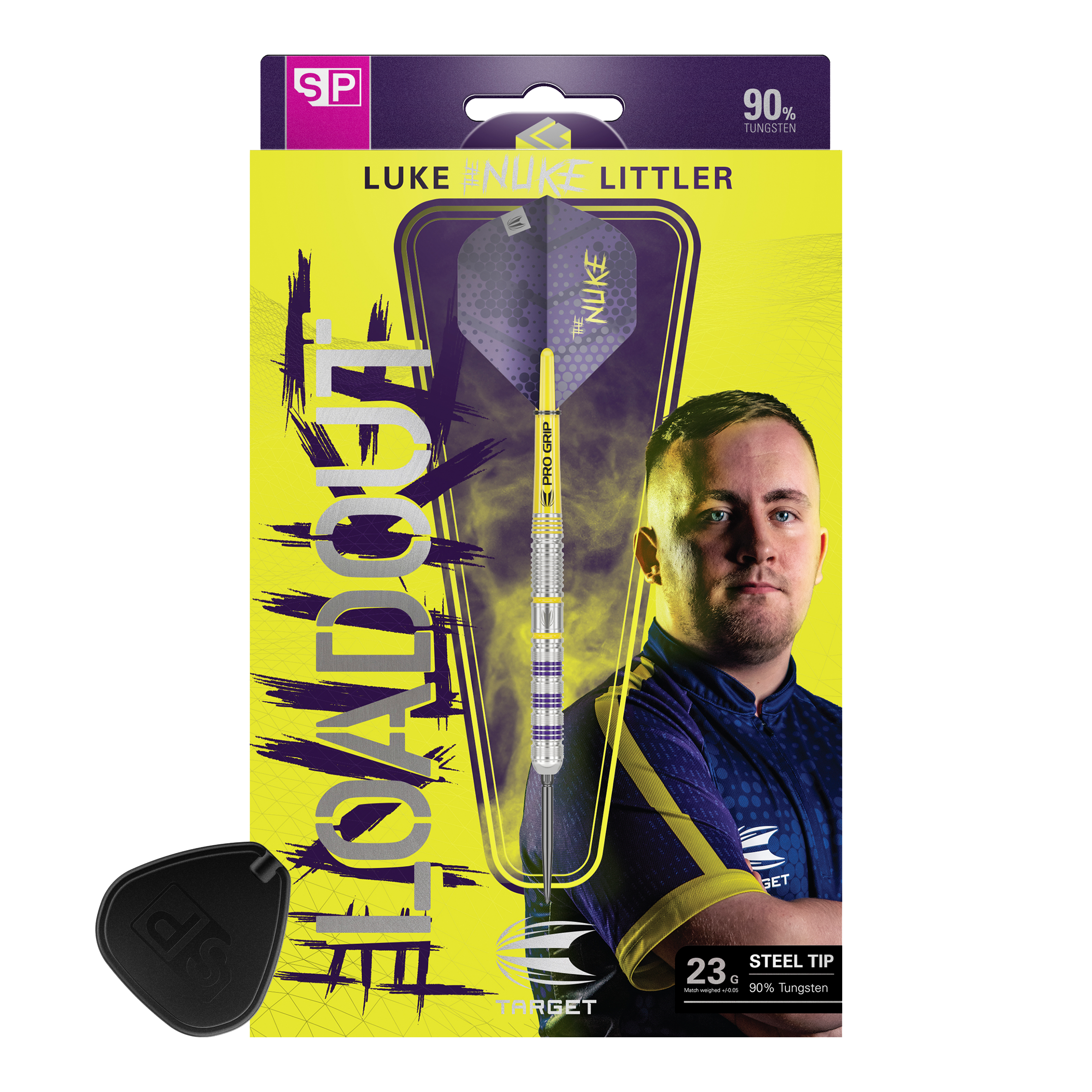 Target Luke Littler Loadout Swiss Point Steel Darts Auf dem Bild ist das Produkt "Target Luke Littler Loadout Swiss Point Steeldarts" zu sehen. Die Verpackung zeigt einen Dartpfeil sowie ein Porträt von Luke Littler vor einem gelben Hintergrund.