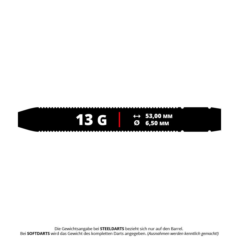 GOAT Athlete Black Brass Steeldarts - 13g Das Bild zeigt den GOAT Athlete Black Brass Steeldart mit einem Gewicht von 13 Gramm. Die Abmessungen sind 53,00 mm Länge und 6,50 mm Durchmesser.