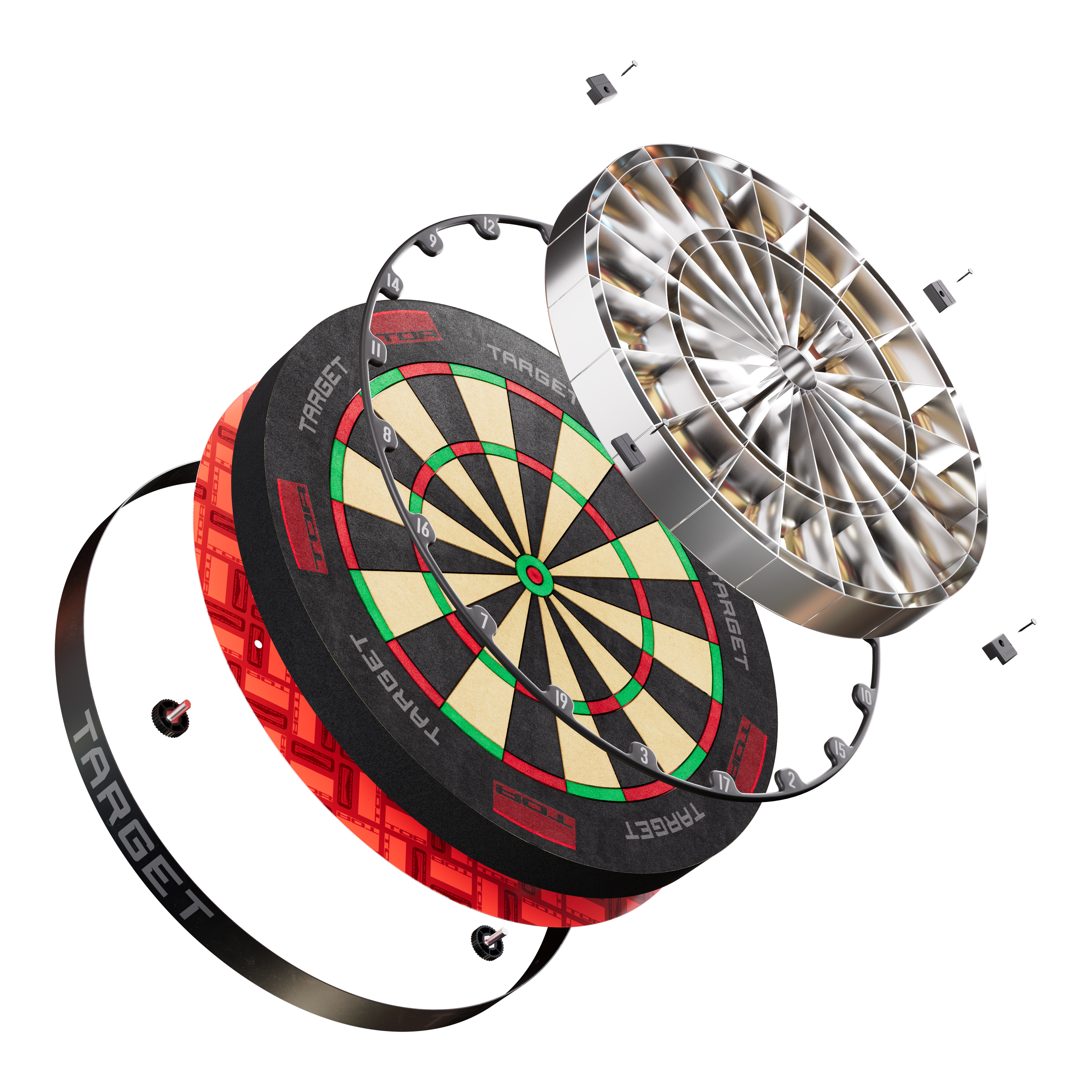 Target TOR Steel Dartboard Das Bild zeigt das Produkt "Target TOR Steeldartboard" in einer explodierten Ansicht. Die einzelnen Bauteile des Dartboards sind deutlich sichtbar und voneinander getrennt dargestellt.