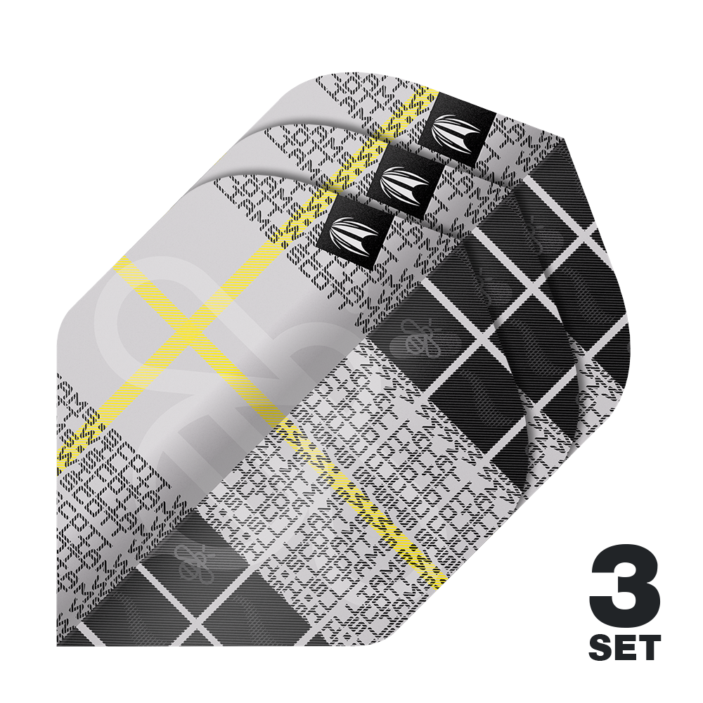 Target Pro Ultra Scott Williams GEN2 No2 Standard Flights - 3 sets Das Bild zeigt drei Sets der Target Pro Ultra Scott Williams GEN2 No2 Standard Flights. Die Flights haben ein schwarz-graues Muster mit gelben Linien und weißen Schriftzügen.