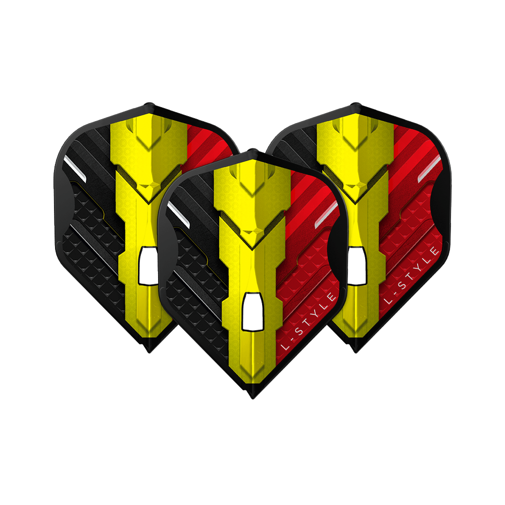 L-Style V-Series V1 Type C Belgium Black L1PRO Flights Das Bild zeigt drei Dart Flights des Modells "L-Style V-Series V1 Type C Belgium Black L1PRO". Die Flights sind in den Farben Schwarz, Gelb und Rot gestaltet und tragen das Logo "L-STYLE".