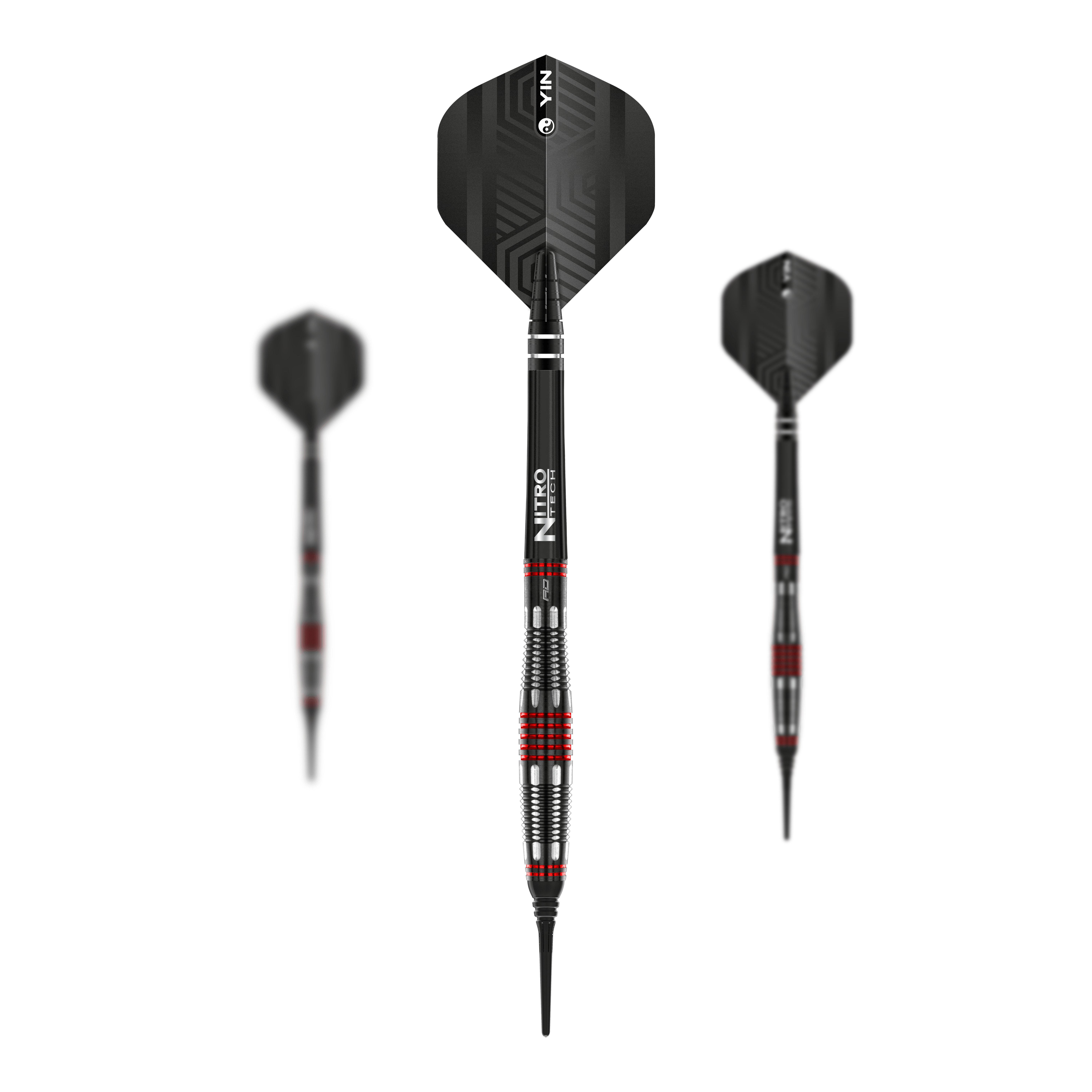 Red Dragon Marlin Venom Soft Darts - 22g Das Bild zeigt drei Softdarts des Modells "Red Dragon Marlin Venom" mit einem Gewicht von 22g. Die Darts sind in Schwarz mit roten und silbernen Akzenten gestaltet.
