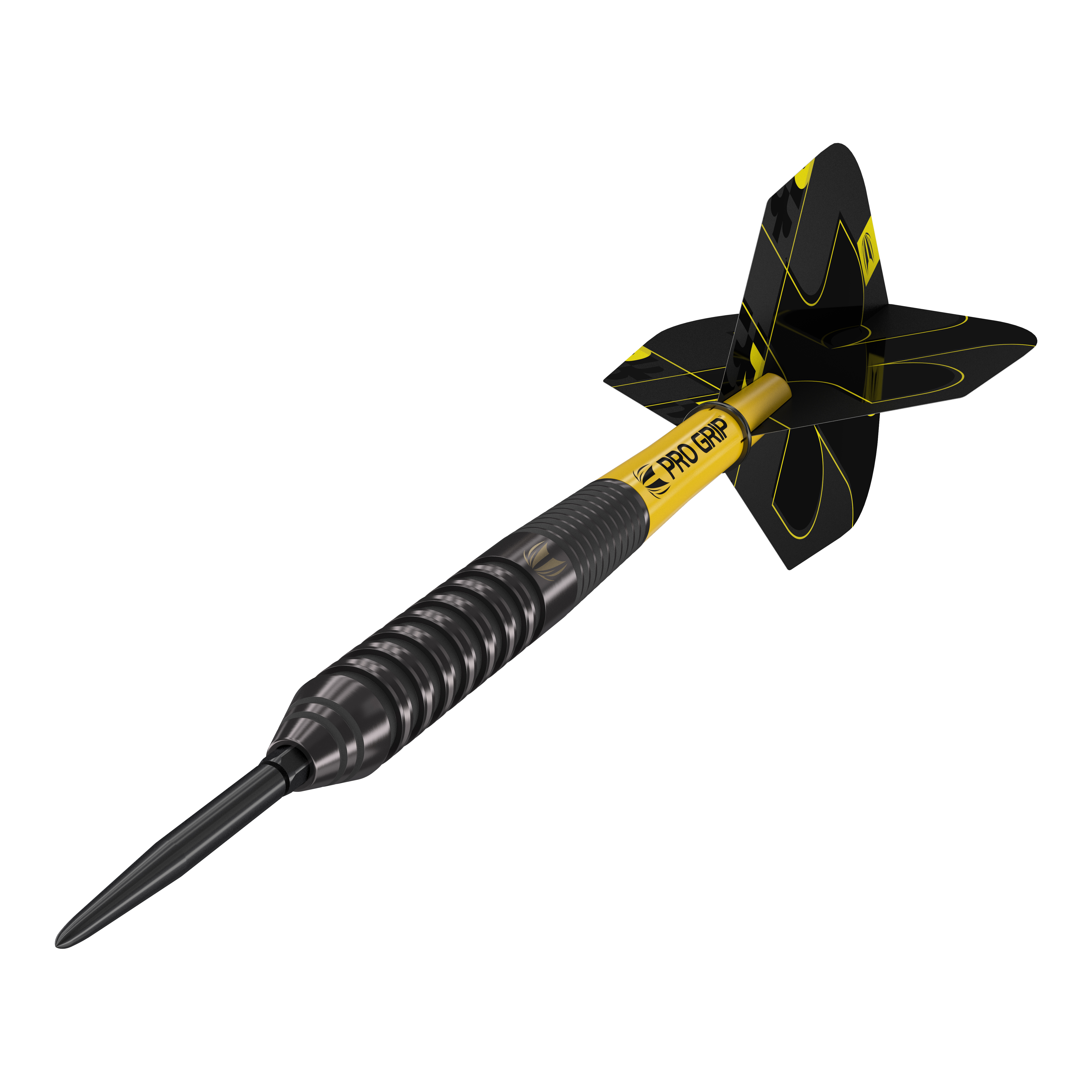 Target Bolide Void 02 Swiss Point steel darts Das Bild zeigt einen Target Bolide Void 02 Swiss Point Steeldart. Der Dart ist schwarz mit gelben Akzenten und hat ein modernes, gerilltes Design.