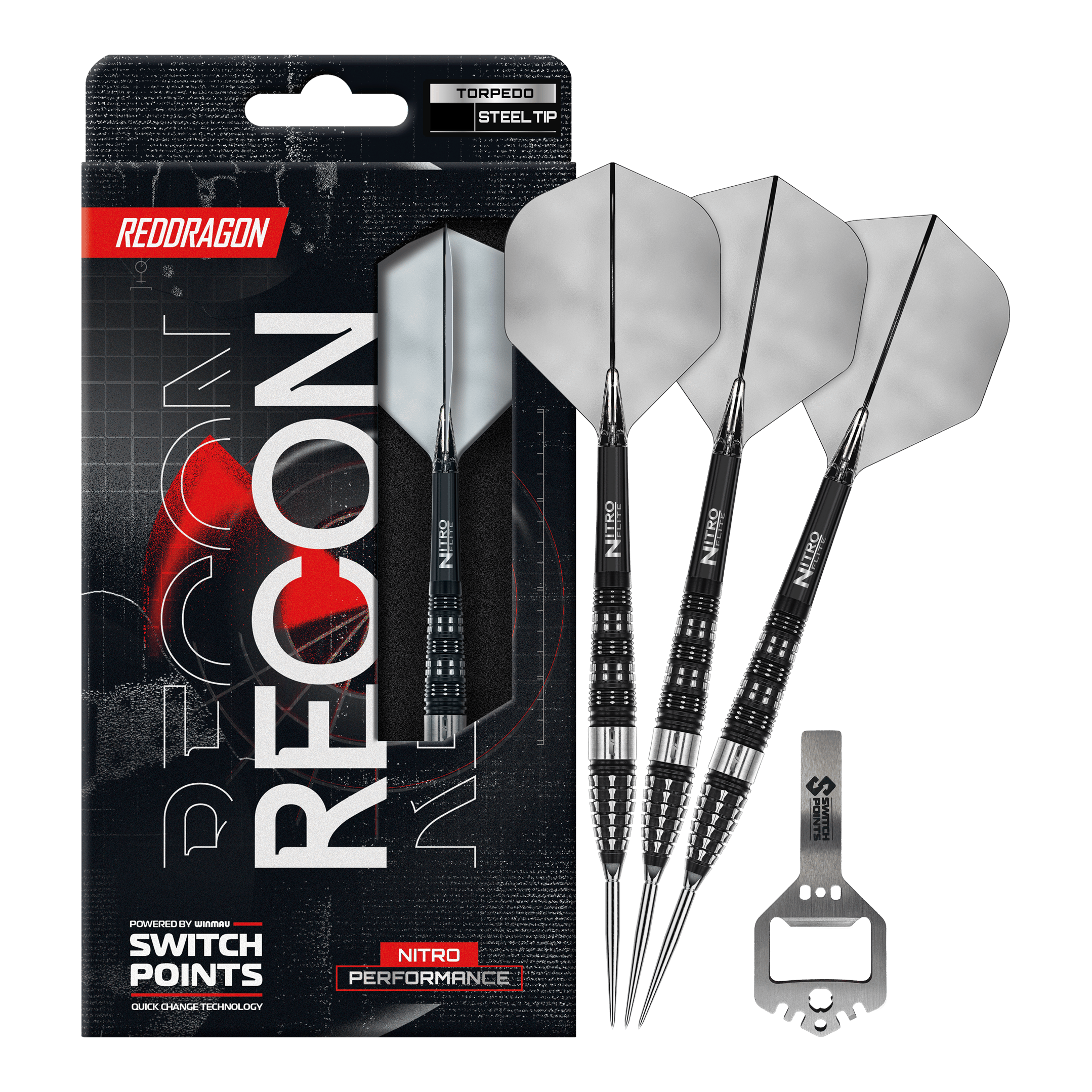 Abgebildet sind die Red Dragon Recon Torpedo Steeldarts mit 23g Gewicht. Diese Steeldarts zeichnen sich durch ihre spezielle Form und hohe Präzision aus.