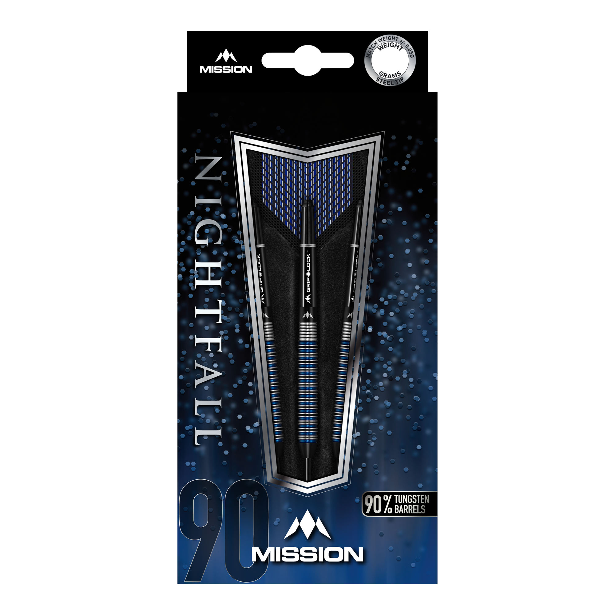Mission Nightfall Model 2 steel darts Auf dem Bild ist die Verpackung der "Mission Nightfall Model 2 Steeldarts" zu sehen. Die Darts bestehen zu 90 % aus Tungsten und sind in einer schwarzen und blauen Schachtel präsentiert.