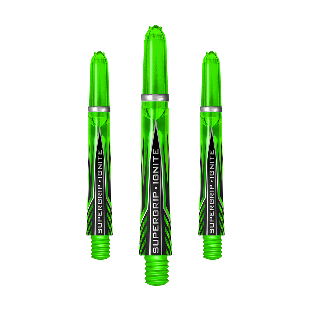 HR390_Harrows_Supergrip_Ignite_Shafts_Gr-n_40mm_1twMDBP71eqkB2 Harrows Supergrip Ignite Shafts in markanter Anordnung. Die Schäfte zeichnen sich durch ihre Oberfläche aus.