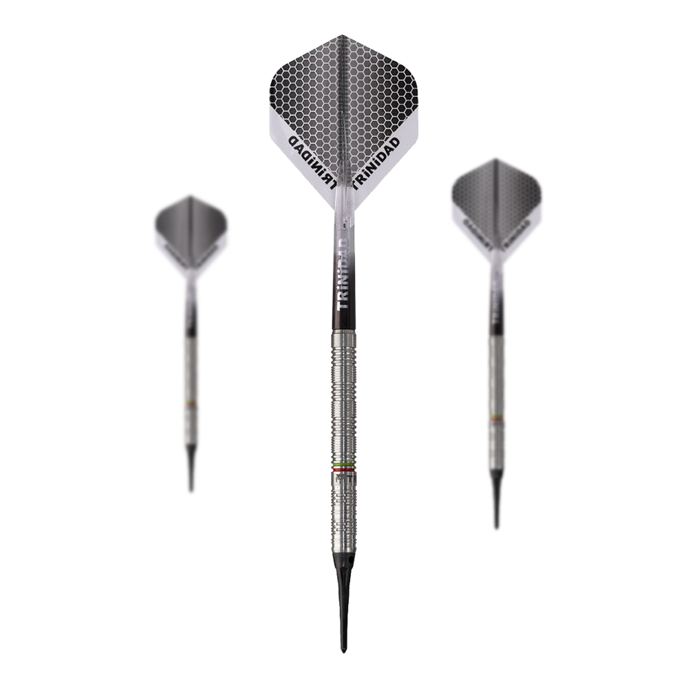 Trinidad Jose De Sousa Type 3 Softdarts - 18g Das Bild zeigt drei Softdarts des Modells "Trinidad Jose De Sousa Type 3" mit einem Gewicht von 18g. Die Darts haben ein silbernes, geriffeltes Barrel und Flights mit Wabenmuster.