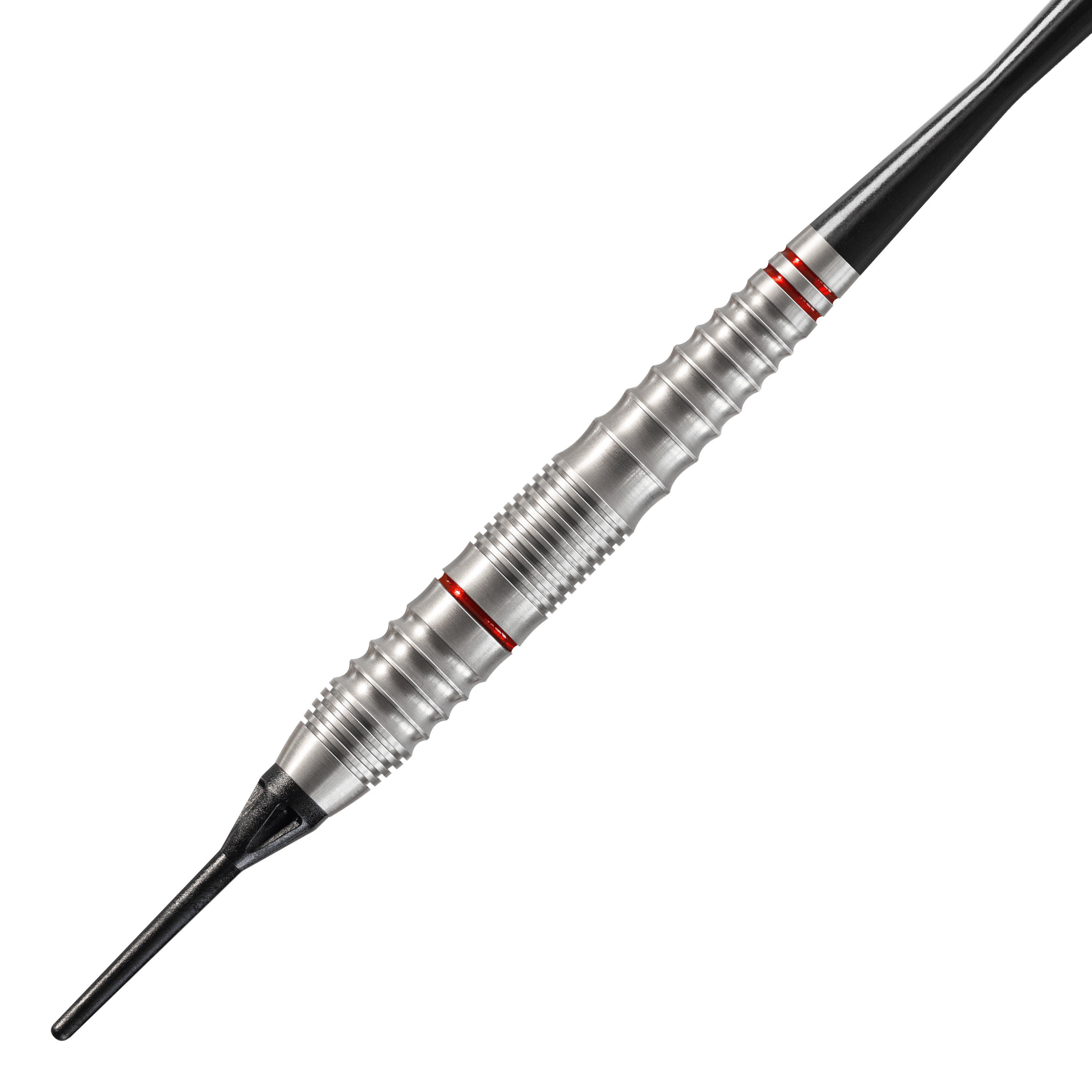 Harrows Rage Softdarts Das Bild zeigt einen silbernen Softdart namens "Harrows Rage Softdarts". Der Dart hat rote Ringe und eine schwarze Kunststoffspitze.