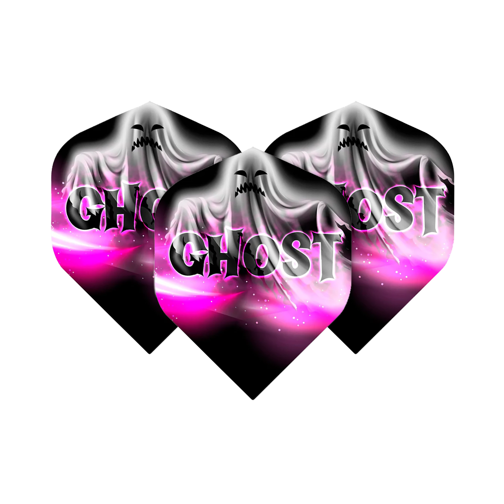 Das Bild zeigt drei Dart-Flights mit dem Aufdruck „GHOST“ und einem stilisierten Geist auf einem schwarz-rosa Hintergrund. Es handelt sich um das Produkt "Mission Solo Bailey Marsh No2 Standard Flights".