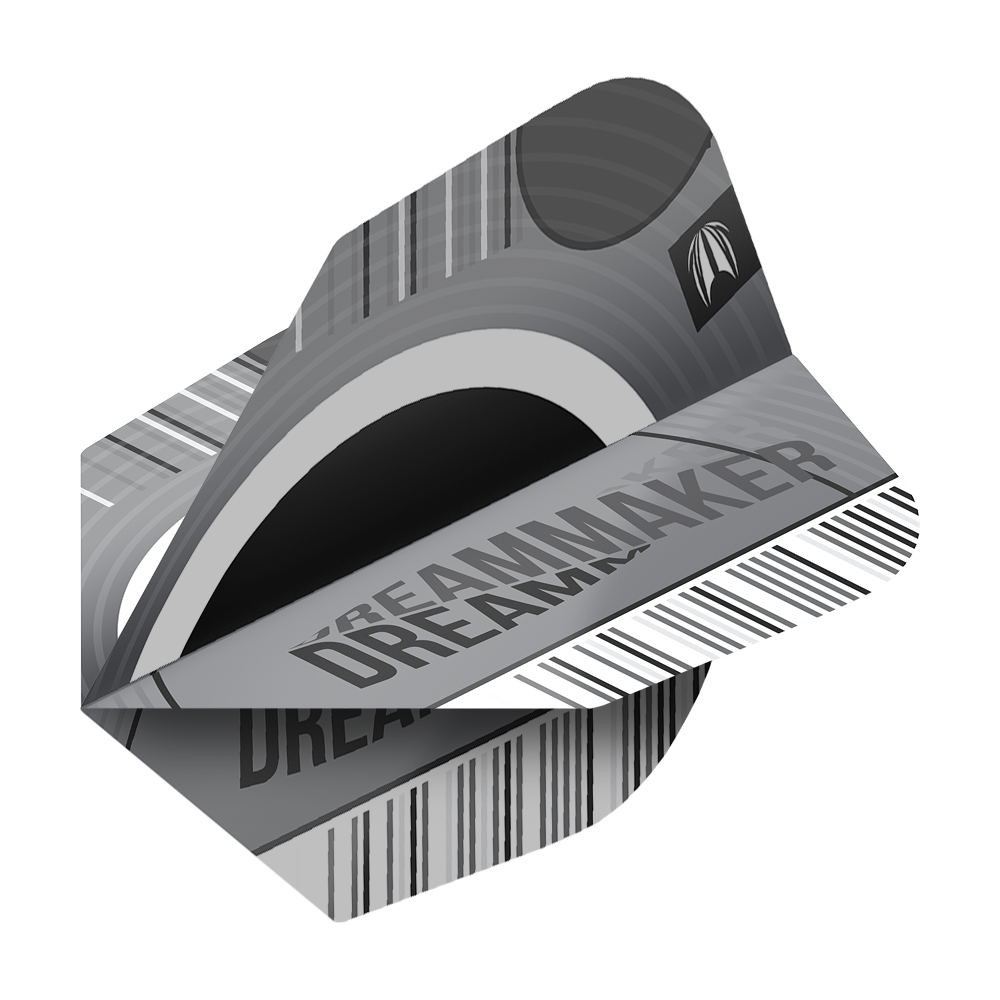 Das Bild zeigt die Target Pro Ultra Dimitri Van Den Bergh X Echo No6 Flights. Die Flights sind in Grau- und Schwarztönen gestaltet und tragen die Aufschrift „DREAMMAKER“.