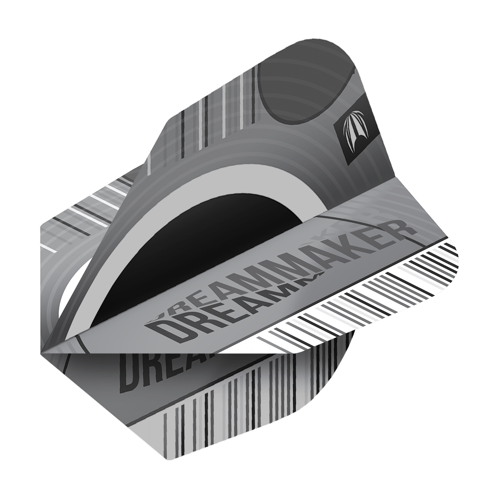 Target Pro Ultra Dimitri Van Den Bergh X Echo No6 Flights - 3 Sets Das Bild zeigt die Target Pro Ultra Dimitri Van Den Bergh X Echo No6 Flights. Die Flights sind in Grau- und Schwarztönen gestaltet und tragen die Aufschrift „DREAMMAKER“.