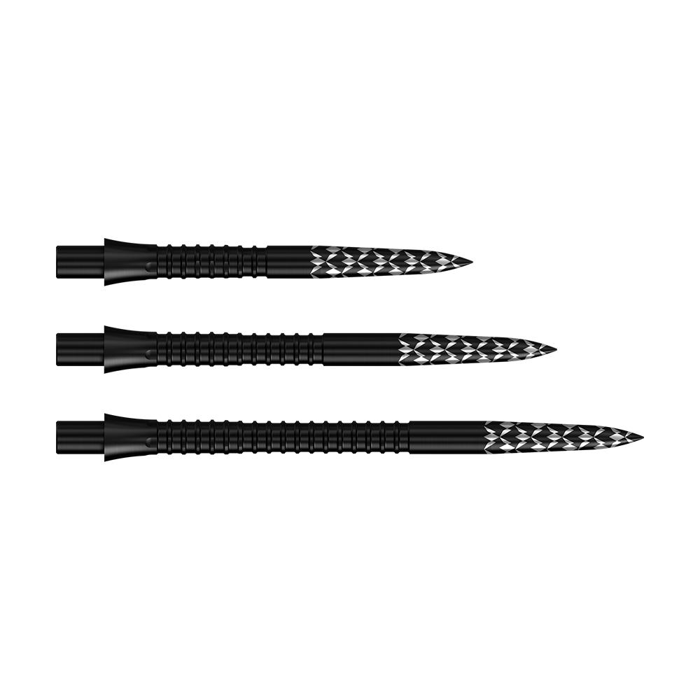 Mission Caliburn EVO dart tips GV logo - Black Das Bild zeigt die Mission Caliburn EVO Dartspitzen GV-Logo in Schwarz. Sie sind mit einem speziellen Logo-Design versehen.