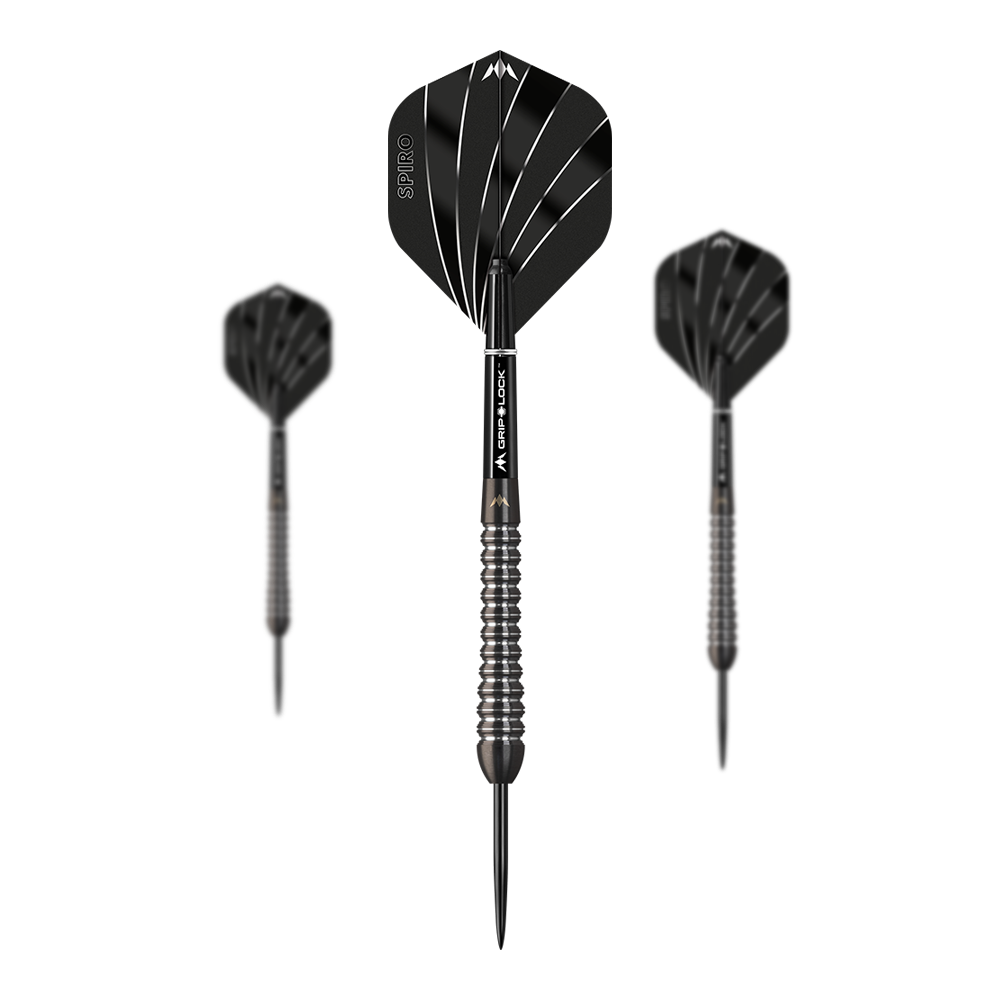 Mission Spiro Model 2 steel darts - 22g Das Bild zeigt drei Steeldarts des Modells "Mission Spiro Model 2" mit einem Gewicht von 22g. Die Darts sind schwarz mit silbernen Akzenten und haben auffällige Flights mit weißen Linien.
