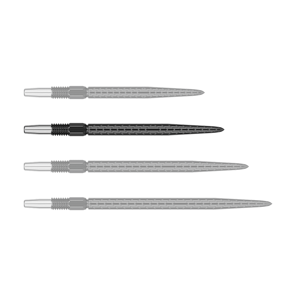 Target Swiss Point RVE dart tips - Black Das Bild zeigt vier schwarze Dartspitzen mit silbernem Gewinde. Sie liegen parallel nebeneinander auf einem grünen Hintergrund.